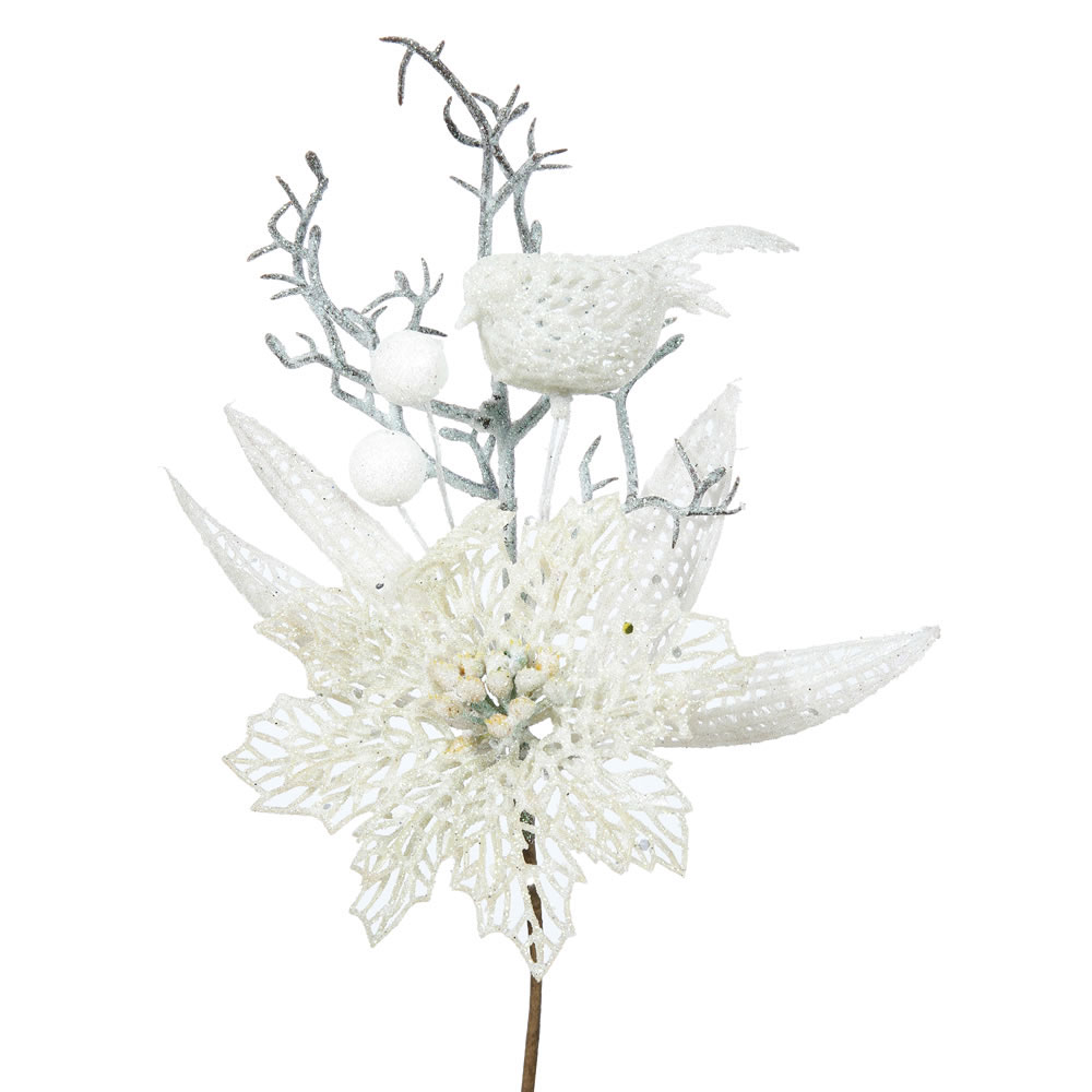 13 Inch Glitter Poinsettia Flower Pick: Set Of 12