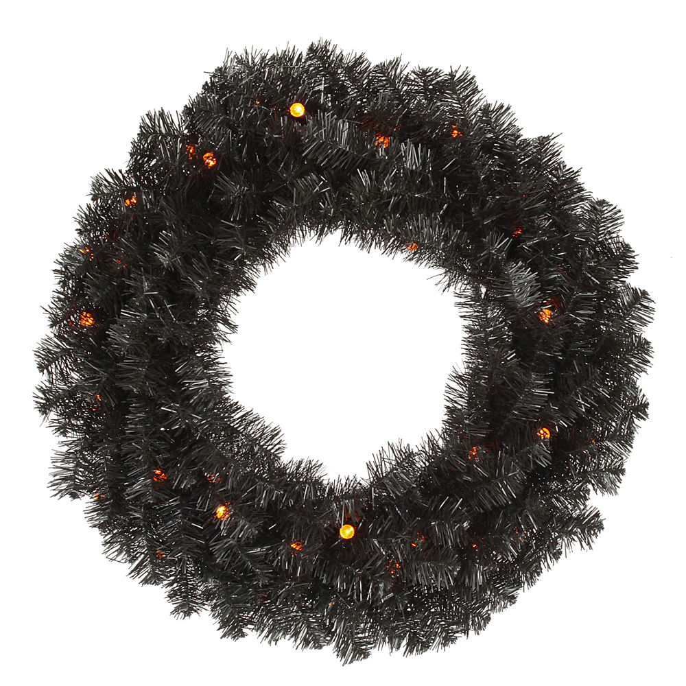 Black Pine Wreath: Orange G12 Led Lights