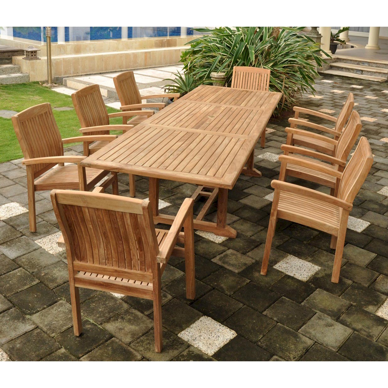 Teak Bahama Dining Table Set With 8 Stackable Arm Chairs