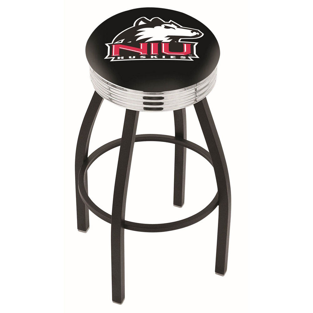 25 Inch Black Northern Illinois Swivel Bar Stool W/ Chrome Ribbed Accent