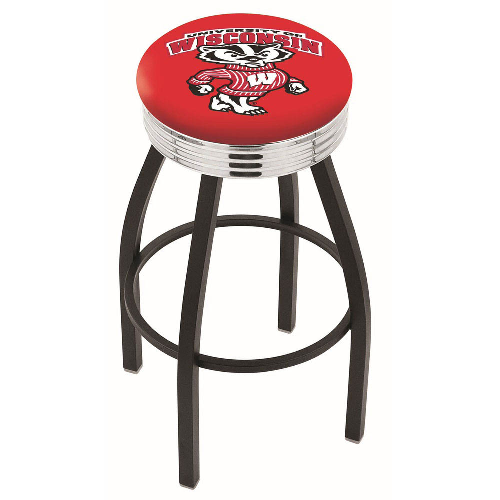 25 Inch Black Wisconsin Badger Swivel Bar Stool W/ Chrome Ribbed Accent