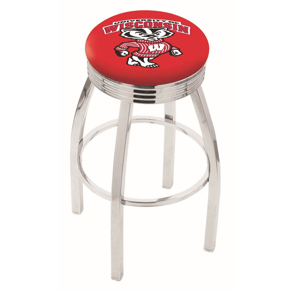25 Inch Chrome Wisconsin Badger Swivel Bar Stool W/ Ribbed Accent