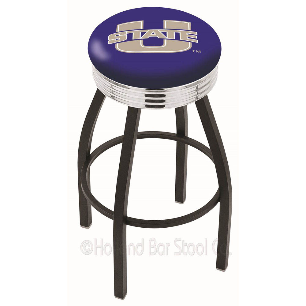 30 Inch Black Utah State Swivel Counter Stool W/ Chrome Ribbed Accent