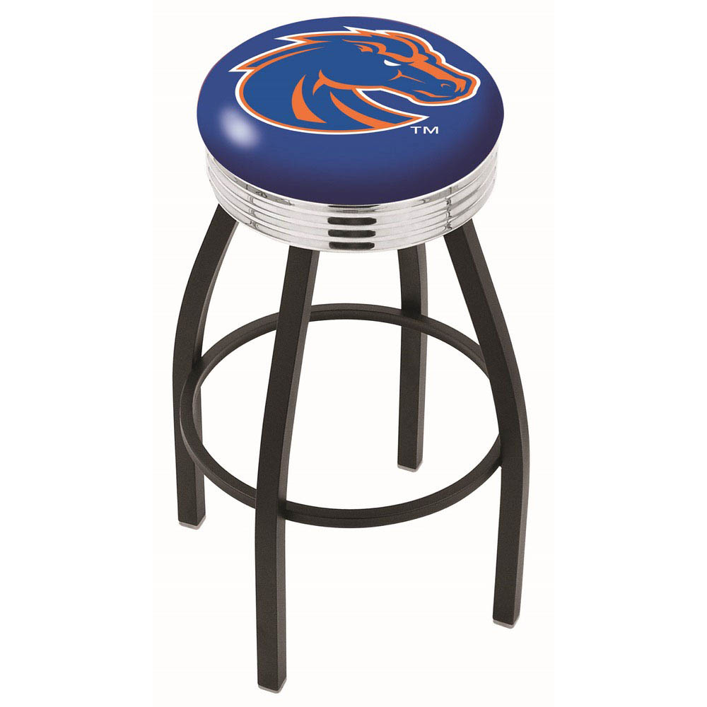 25 Inch Black Boise State Swivel Bar Stool W/ Chrome Ribbed Accent