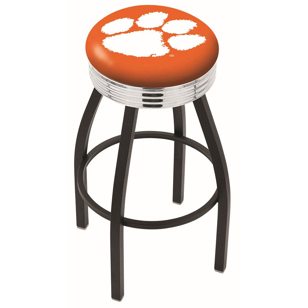30 Inch Black Clemson Swivel Counter Stool W/ Chrome Ribbed Accent