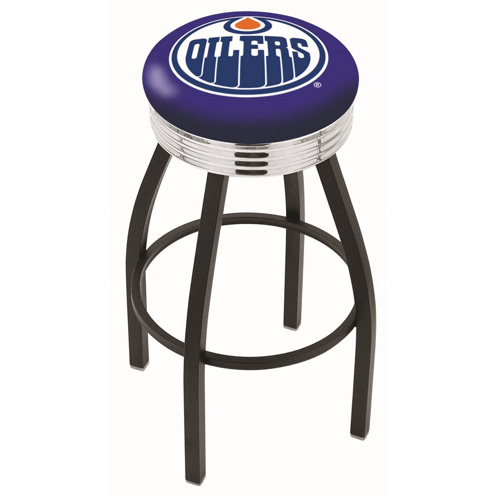 30 Inch Black Edmonton Oilers Swivel Counter Stool W/ Chrome Ribbed Accent