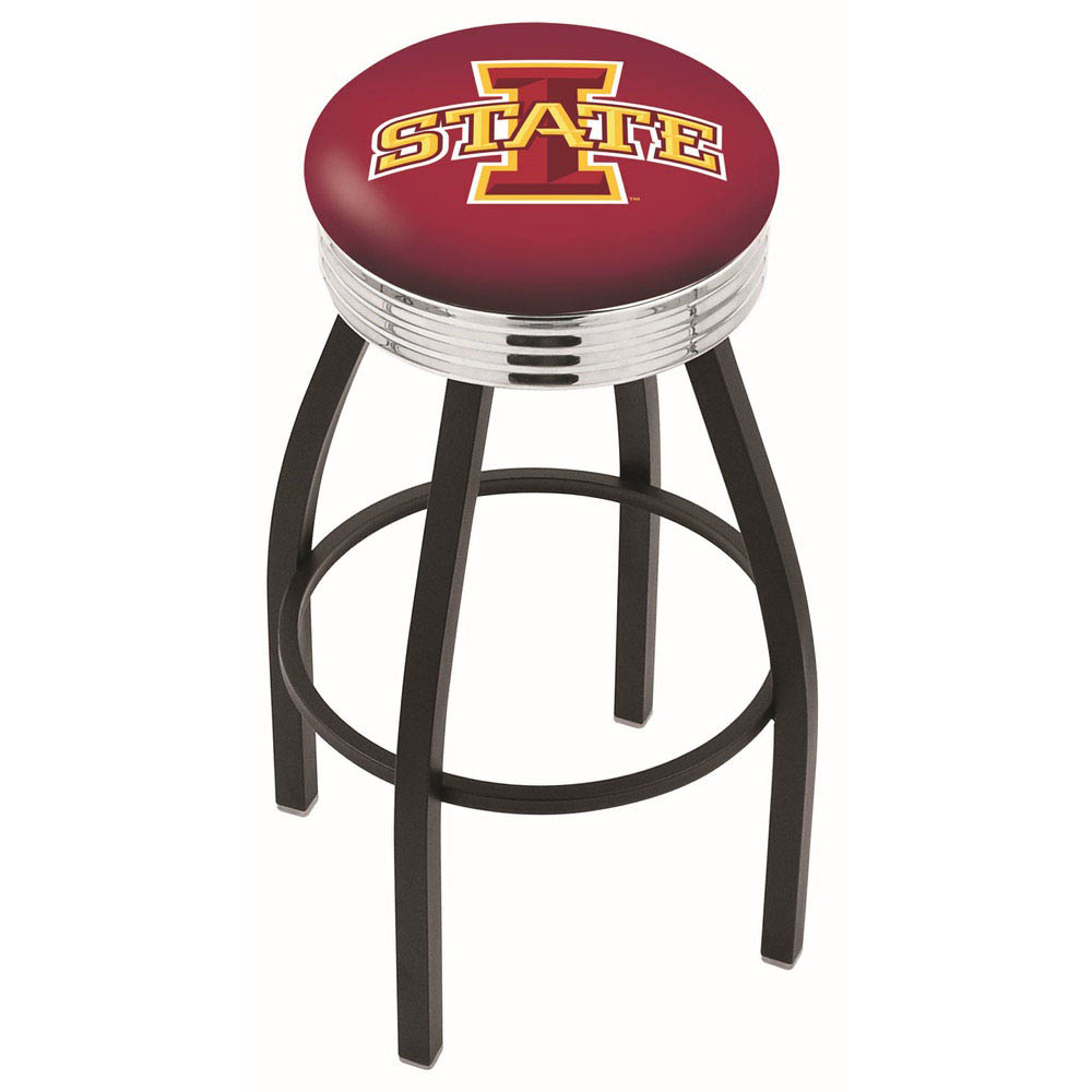 30 Inch Black Iowa State Swivel Counter Stool W/ Chrome Ribbed Accent