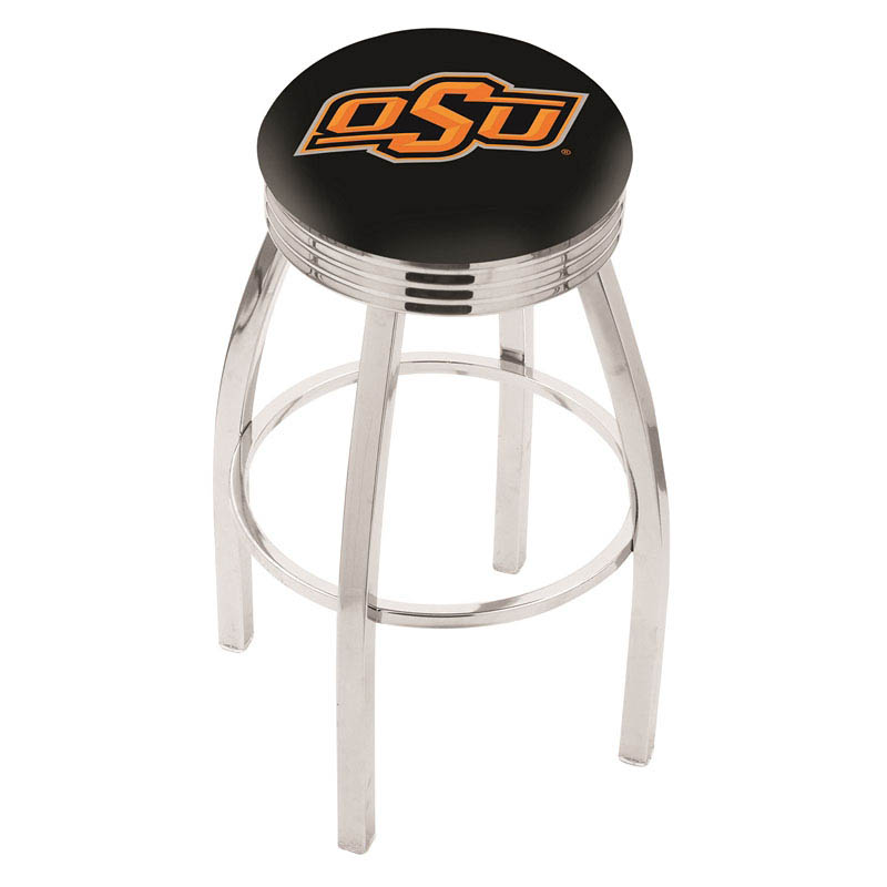25 Inch Chrome Oklahoma State Swivel Bar Stool W/ Ribbed Accent