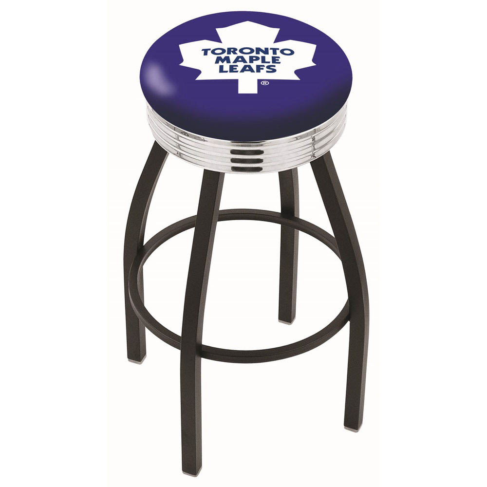30 Inch Black Toronto Maple Leafs Swivel Counter Stool W/ Chrome Ribbed Accent