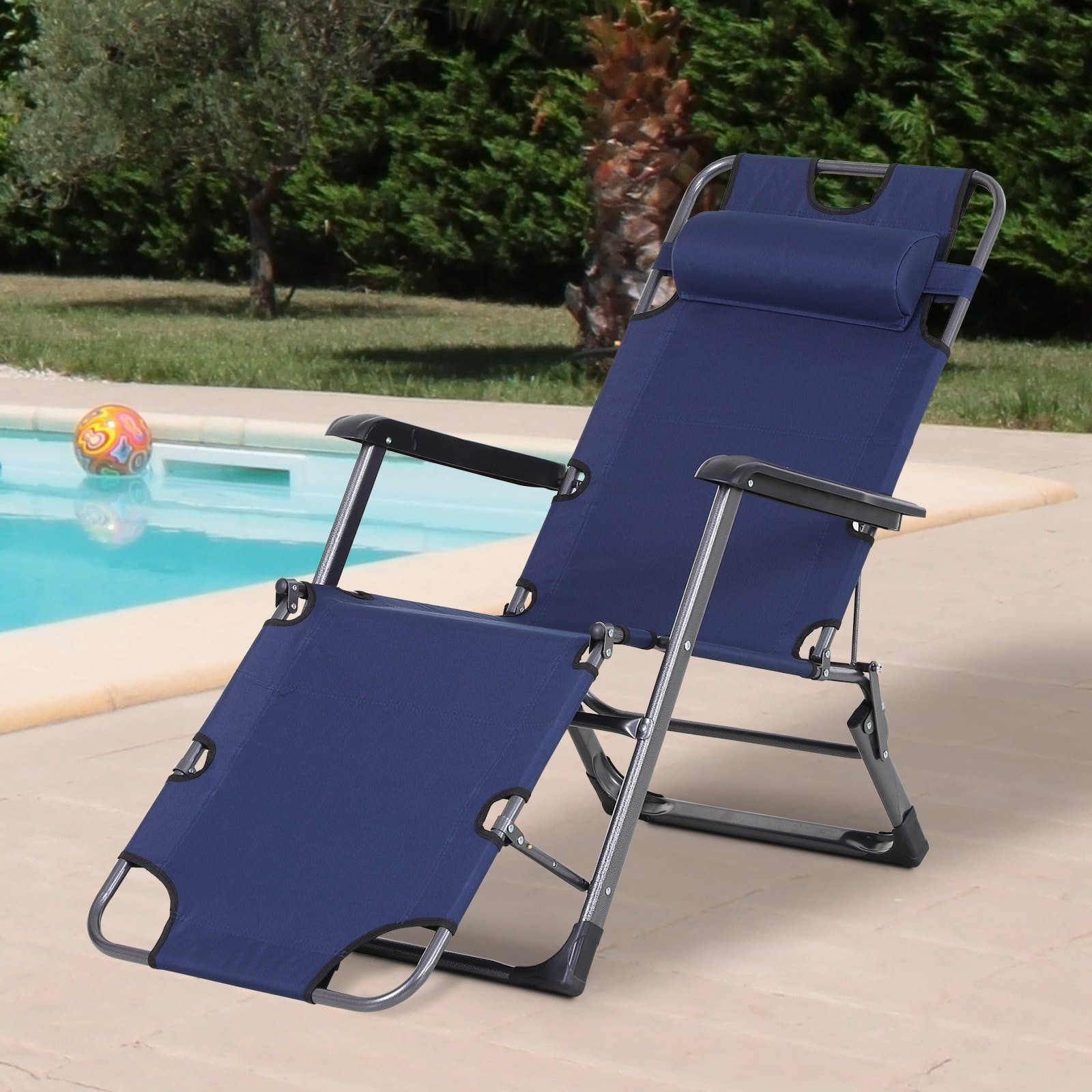 Outsunny 2-in-1 Patio Lounge Chair W/ Pillow  Outdoor Folding Sun Lounger Reclining To 120°/180°  Oxford Fabric