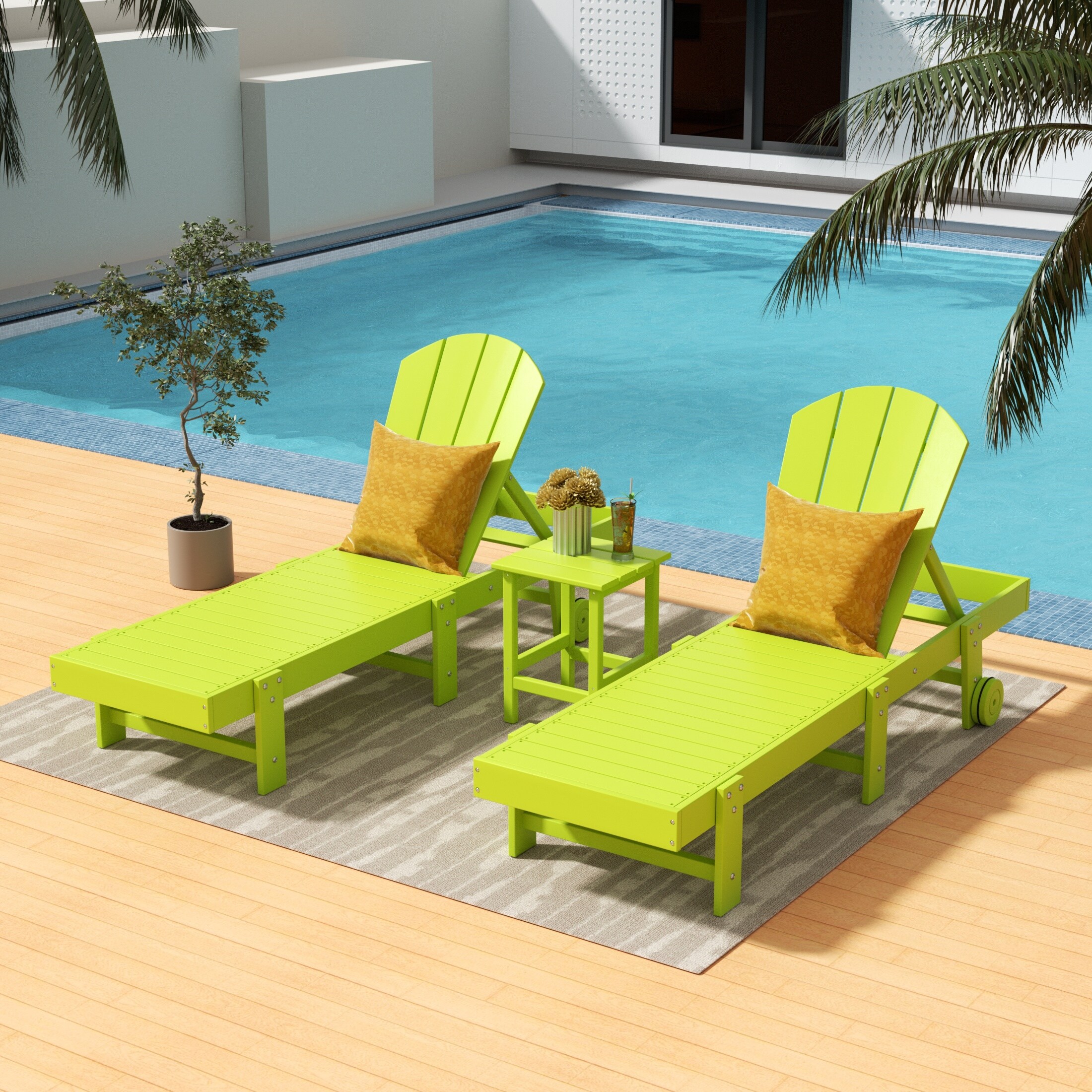 Polytrends Laguna All Weather Poly Pool Outdoor Chaise Lounge Set - With Square Side Table (3-piece)