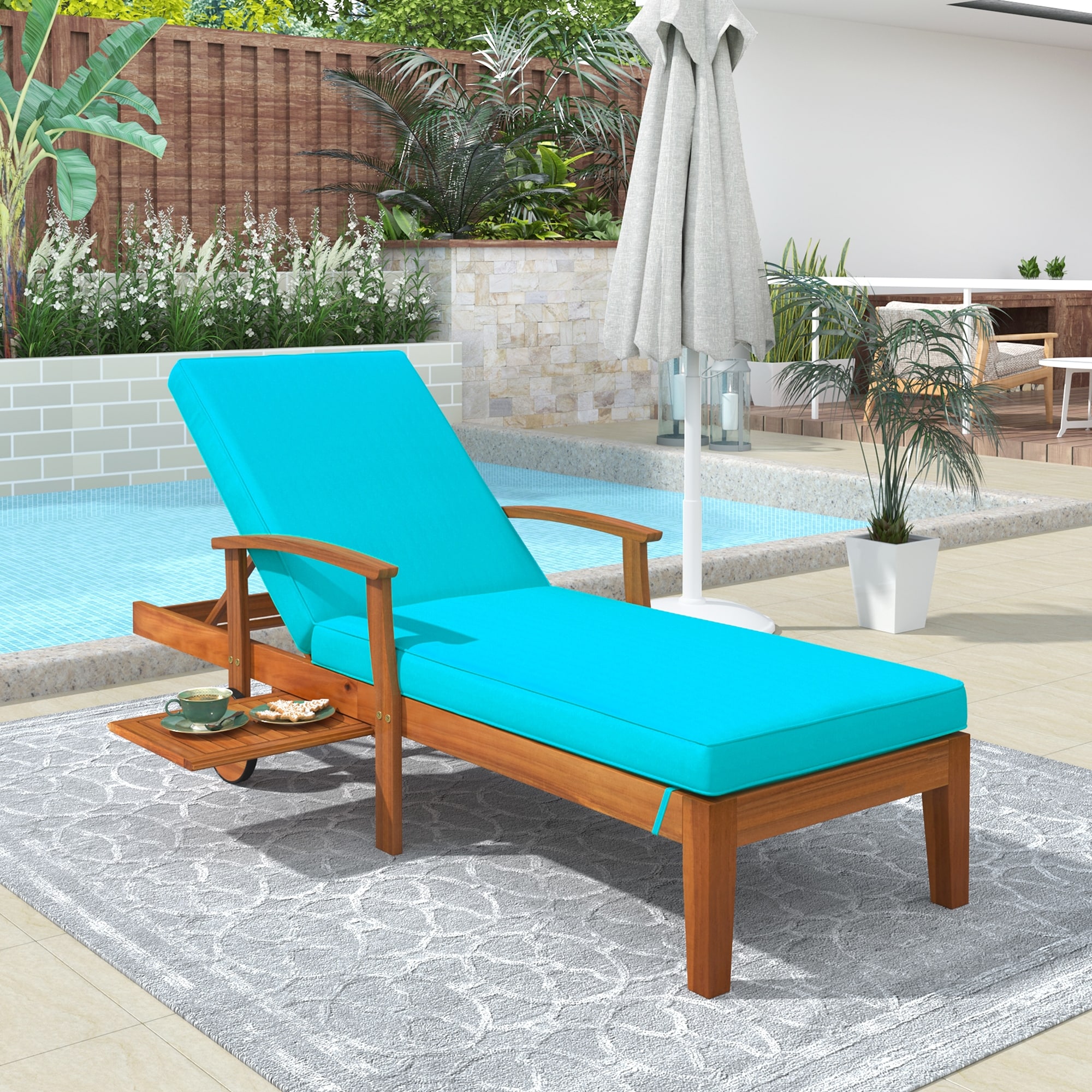 Outdoor Solid Wood 78.8 Chaise Lounge Patio Reclining Daybed With Cushion  Wheels And Sliding Cup Table For Backyard