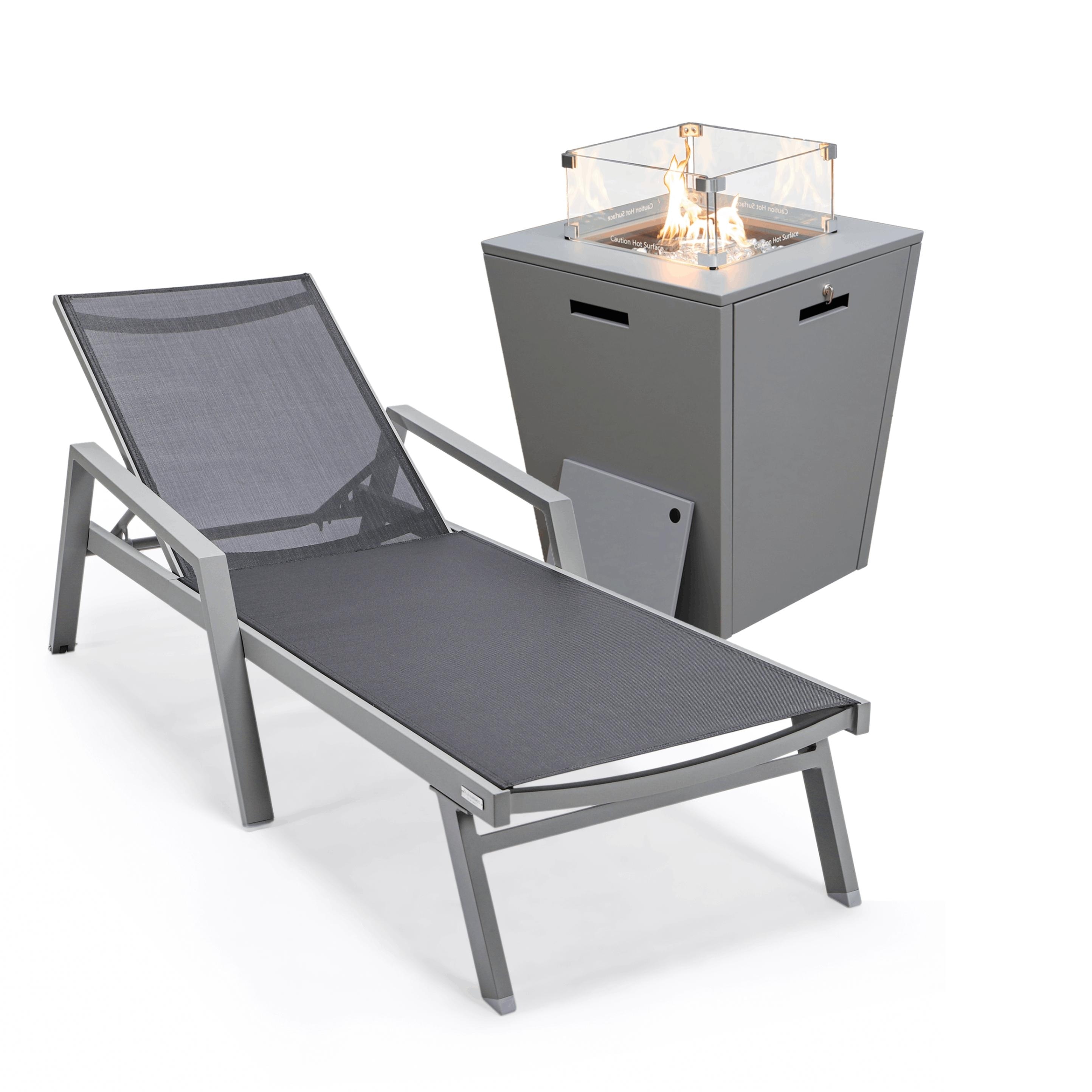Leisuremod Marlin Chaise Lounge Chair With Arms And Fire Pit Table