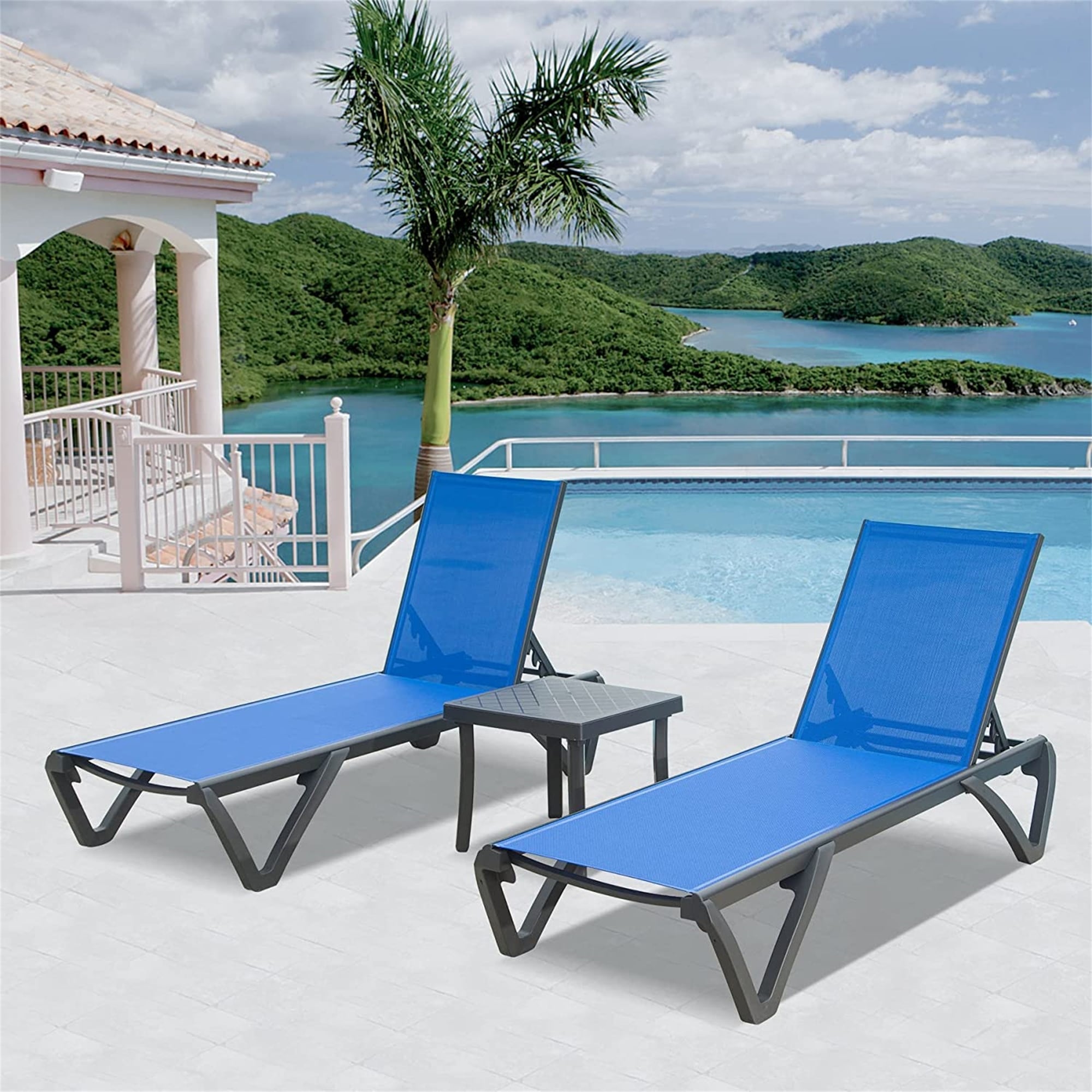 Patio Chaise Lounge Chair Set 2 Pieces Aluminum Polypropylene Sunbathing Chair With 5 Adjustable Position + 1 Side Table