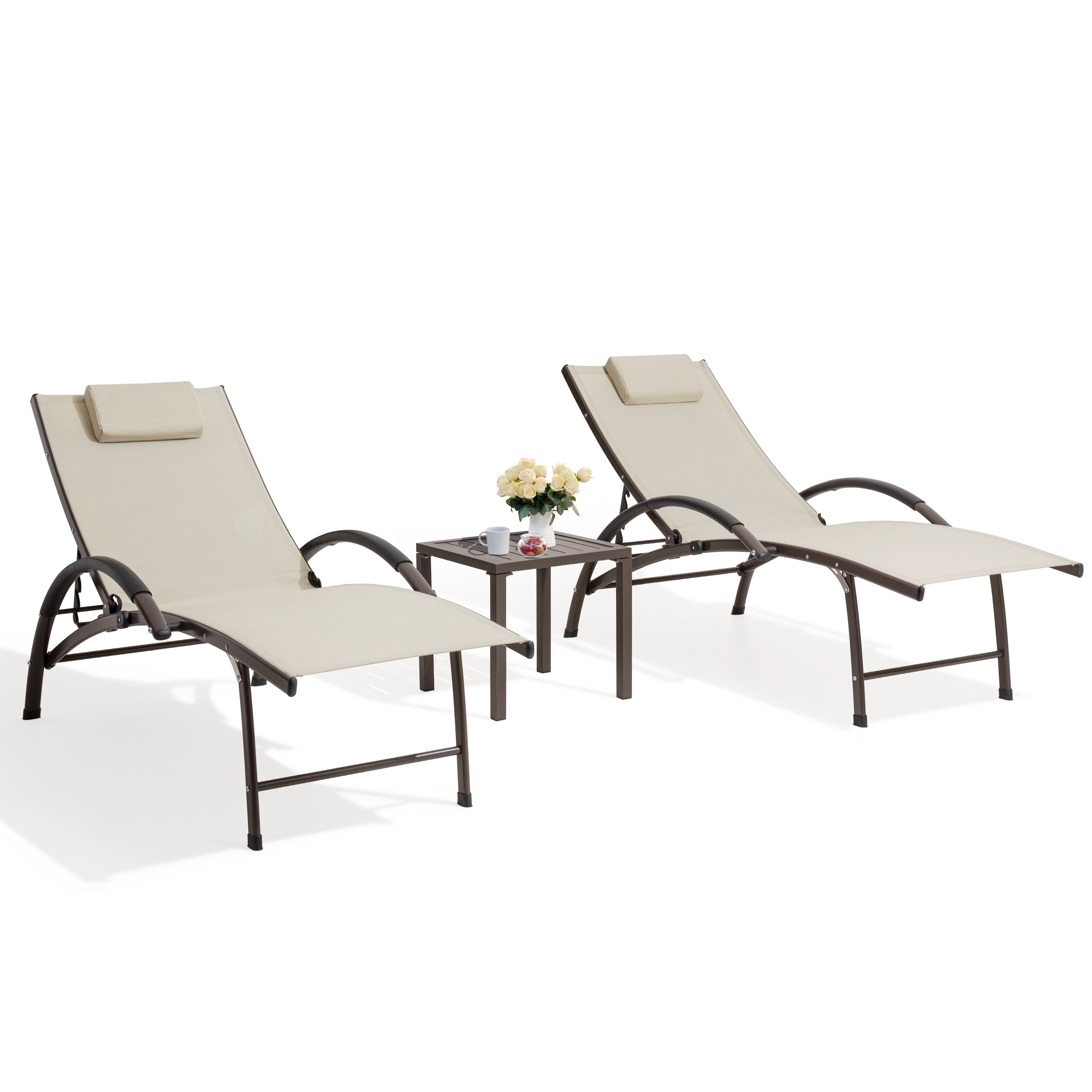 Crestlive Products Outdoor Aluminum Folding Adjustable Reclining Chaise Lounge Chairs And Table Set(set Of 3)