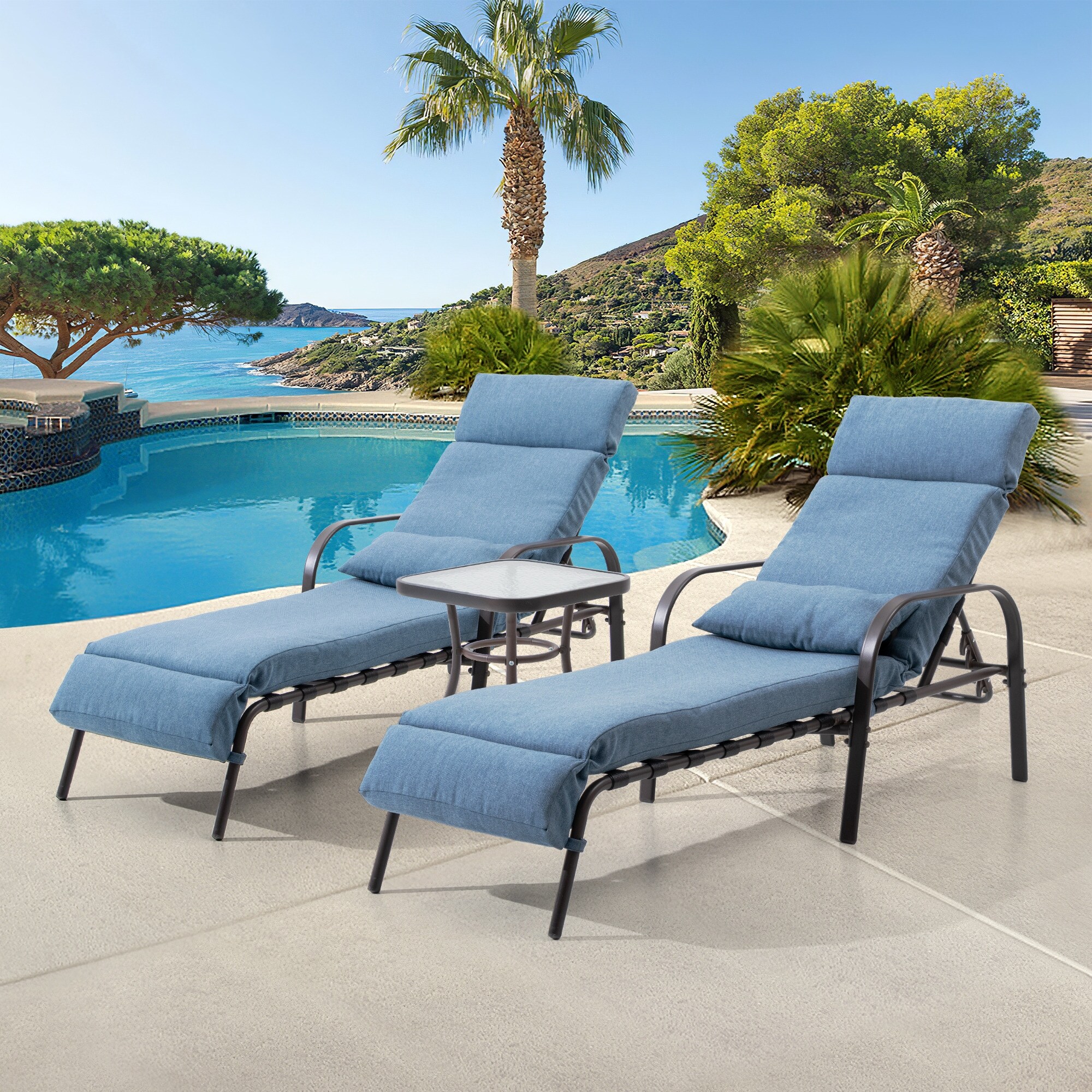 Pellebant 3pcs Adjustable Patio Chaise Lounge With Cushion and Pillow and Table - N/a
