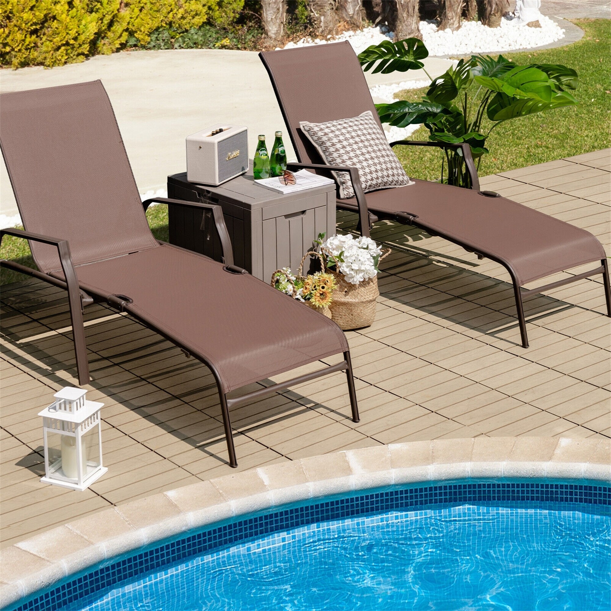 Adjustable Back-brown Patio Folding Chaise Lounge Chair Set (set Of 2)