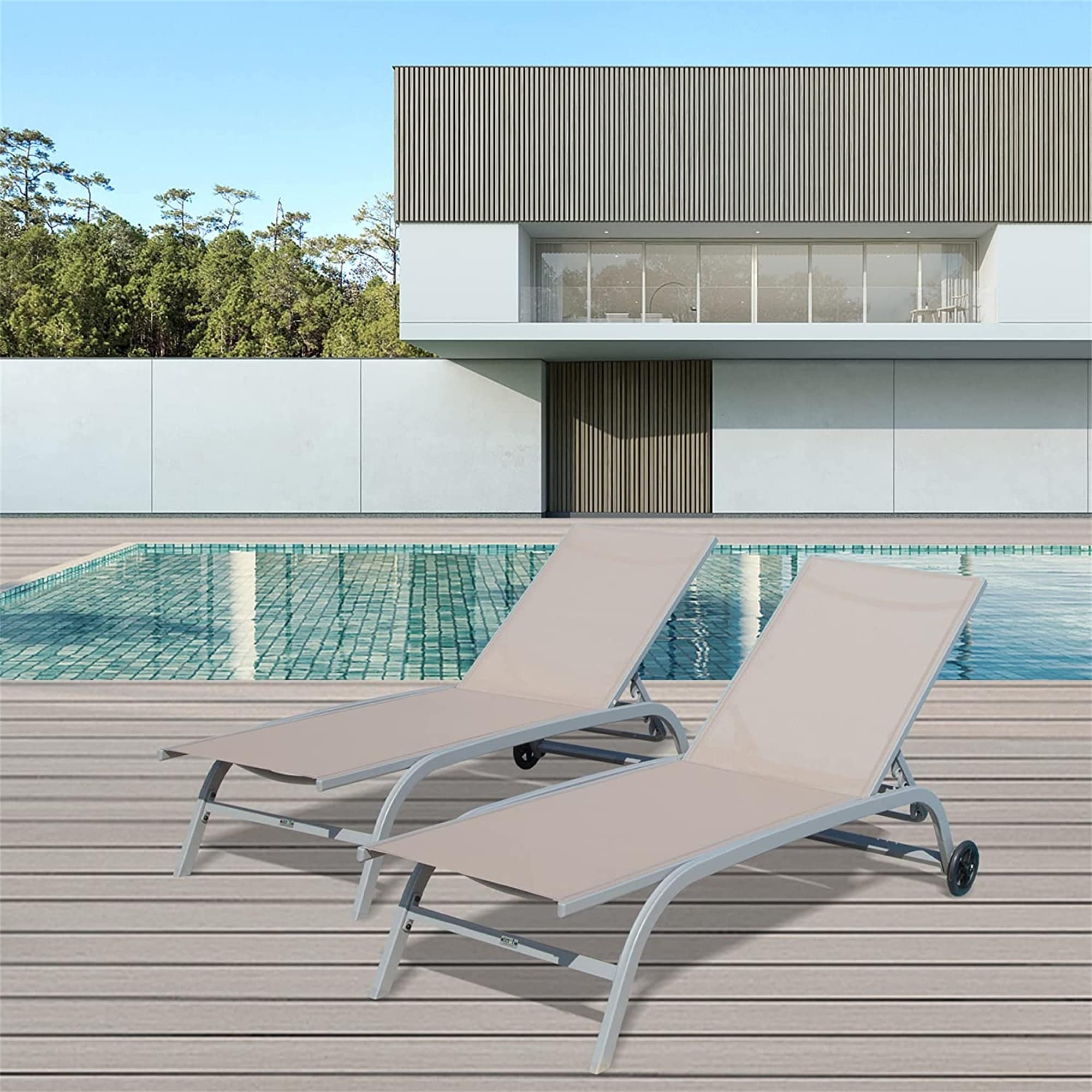 Outdoor Chaise Lounges Set Of 2  Lounge Chairs With Wheels  Summer Pool Recliners With 5 Adjustable Position