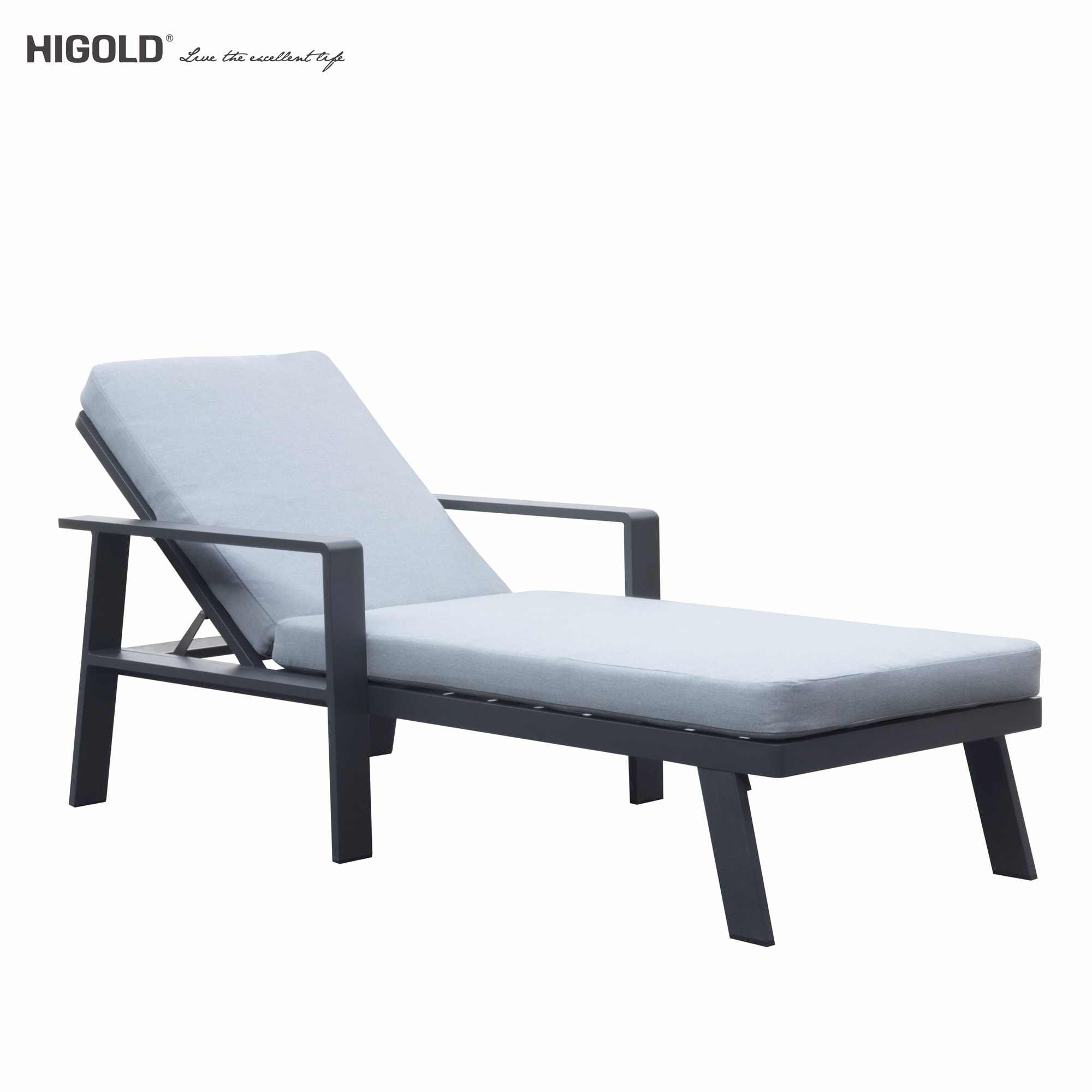 Nofi Outdoor Reclining Aluminum Chaise Lounge Chair  Charcoal Black  Grey Cushion By Higold