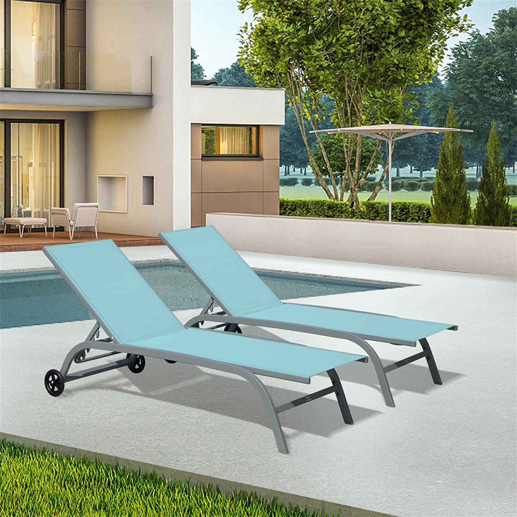 Outdoor Chaise Lounges Set Of 2  Lounge Chairs With Wheels  Summer Pool Recliners With 5 Adjustable Position