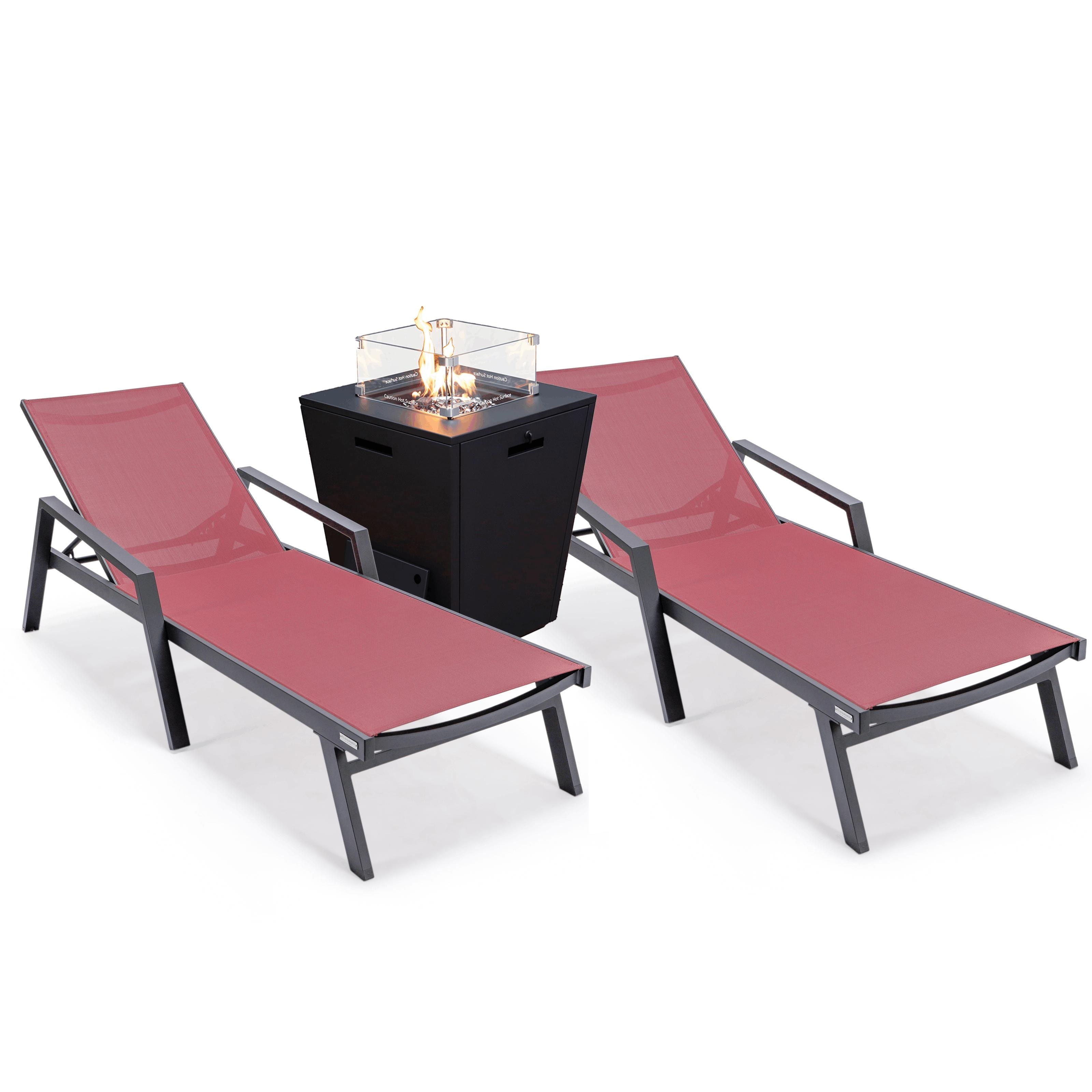Leisuremod Marlin Chaise Lounge Chair With Arms Set Of 2 With Fire Pit Table