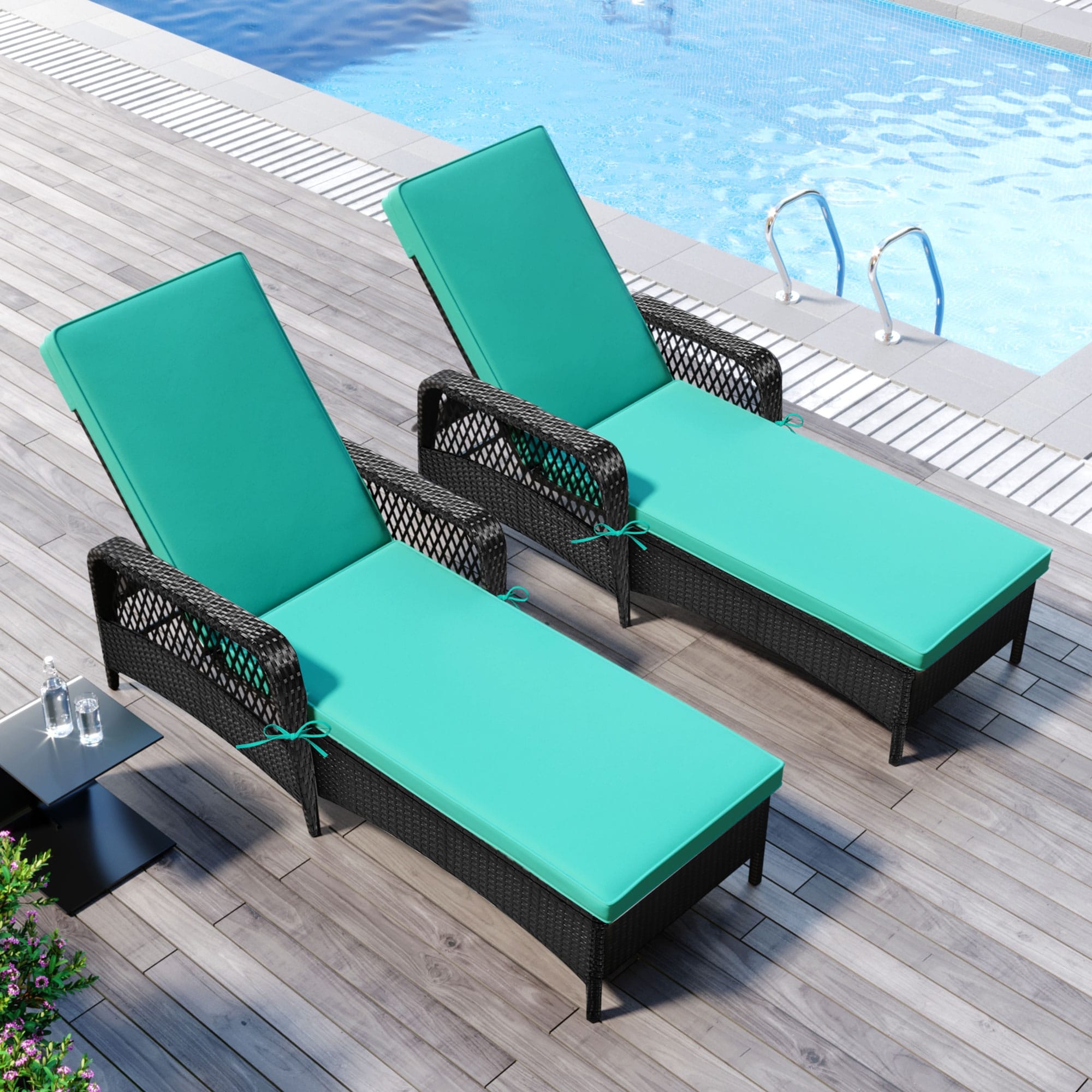 Outdoor Patio Pool Pe Rattan Wicker Chair Wicker Sun Lounger green Cushion  Black Wicker (2 Set)