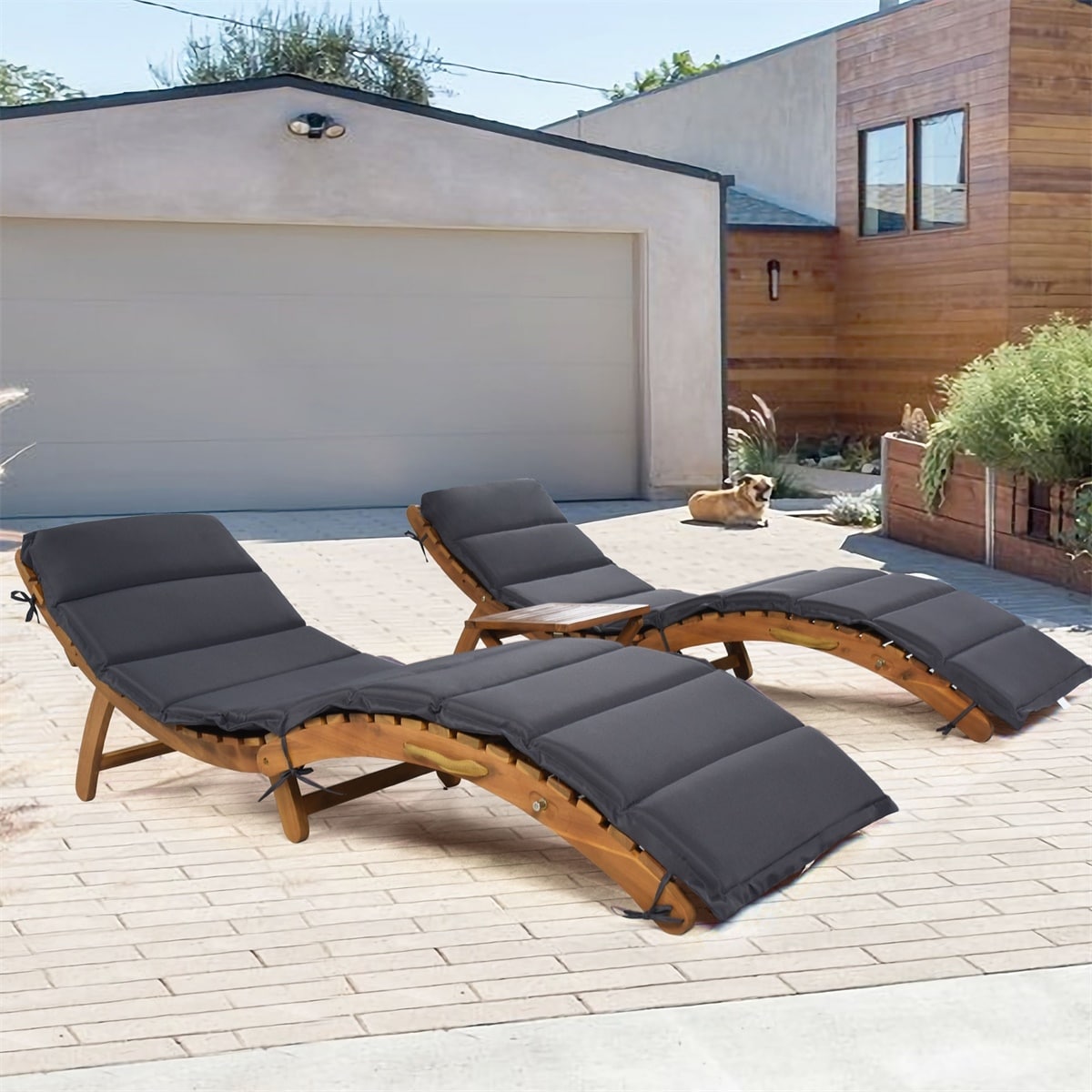Leisure Zone Outdoor 3-piece Wood Portable Extended Chaise Lounge Set With Foldable Coffee Table