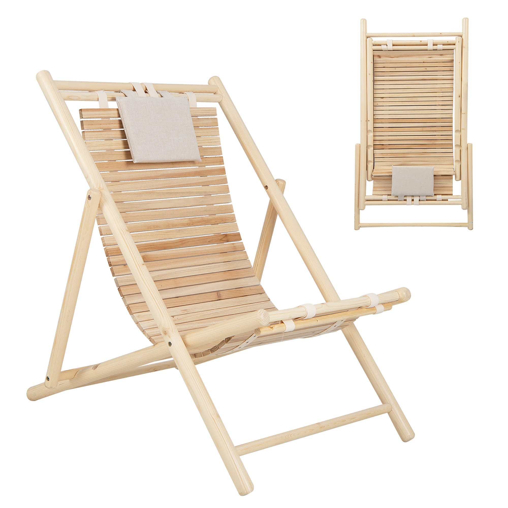 Patio Outdoor Adjustable Folding Wood Sling Chair Reclining Lounge