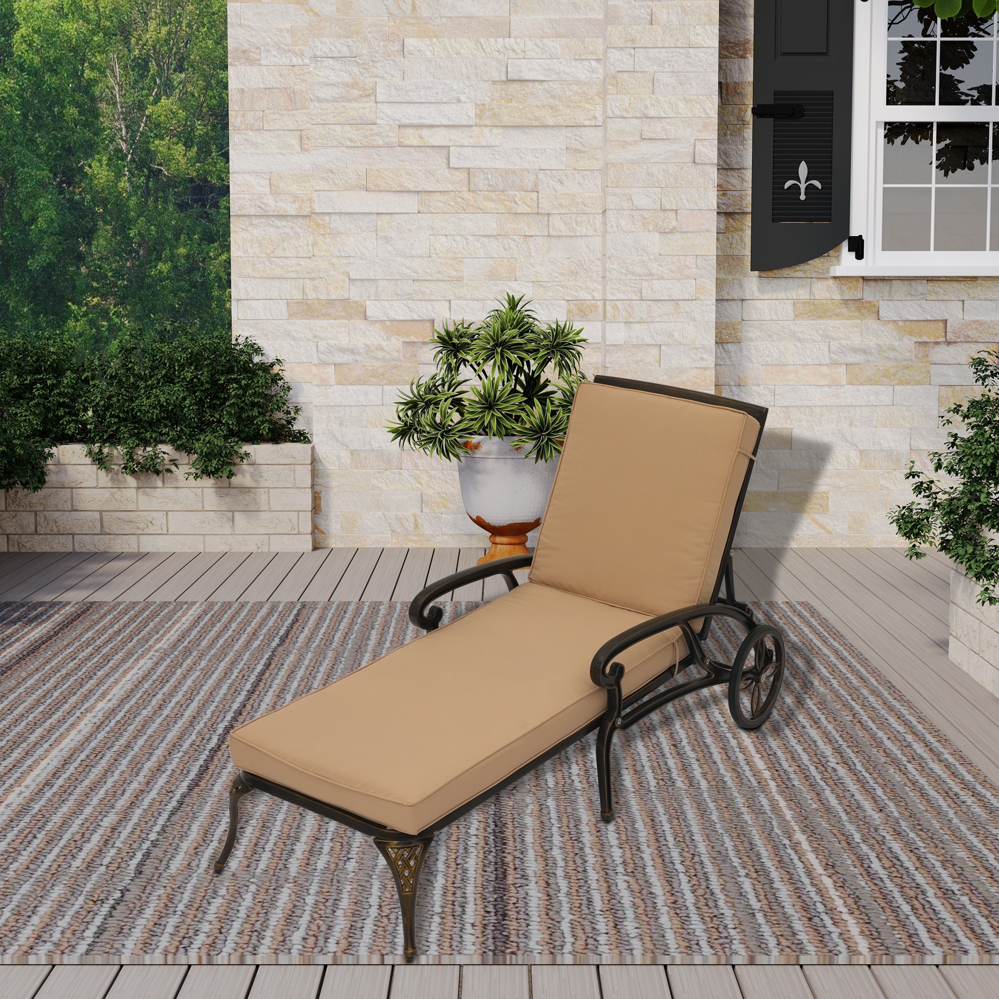 Clihome Cast Aluminum Patio Reclining Chaise Lounge With Beige Cushion