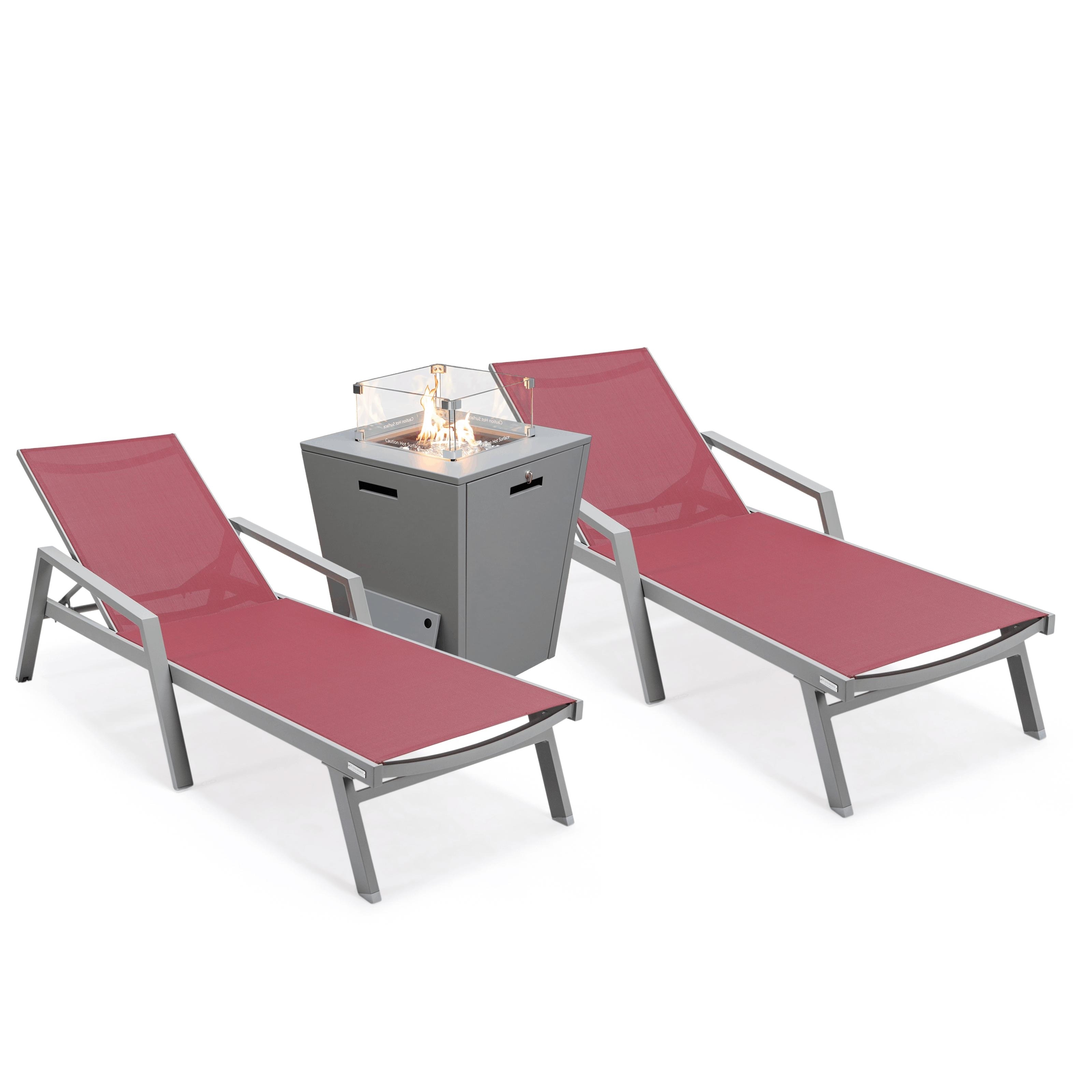 Leisuremod Marlin Chaise Lounge Chair Set Of 2 With Arms And Fire Pit Table