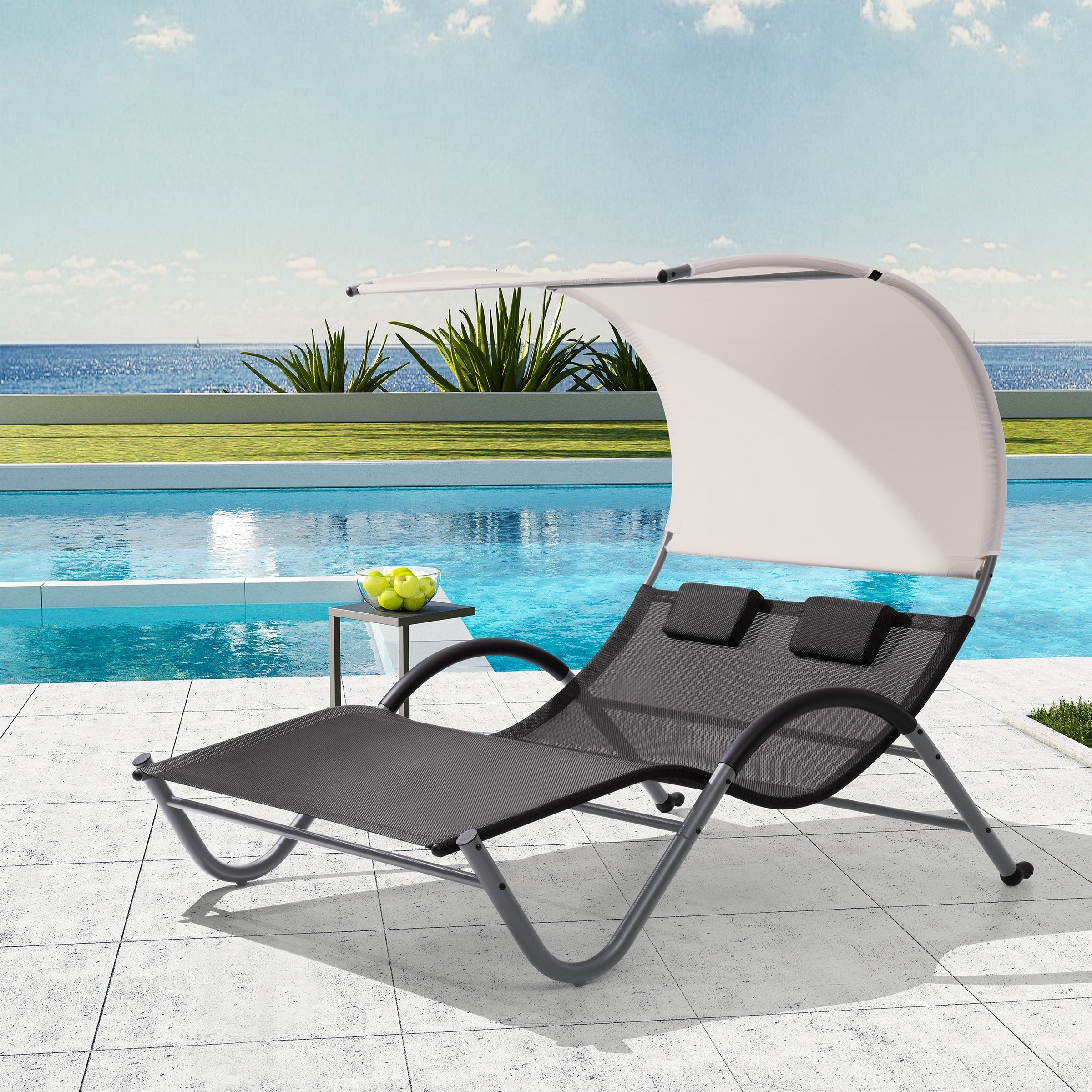 Vredhom Outdoor Double Chaise Lounge With Wheels and Headrest - 54.93 W X 72.84 L X 64.57 H Inch