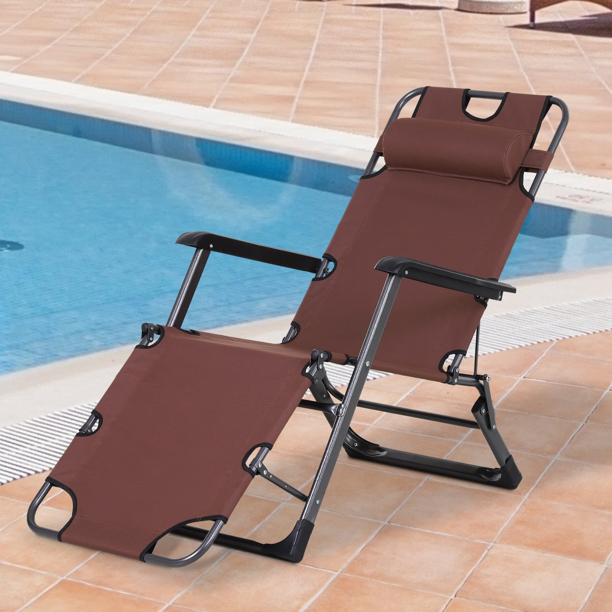 Outsunny 2-in-1 Patio Lounge Chair W/ Pillow  Outdoor Folding Sun Lounger Reclining To 120°/180°  Oxford Fabric  Brown