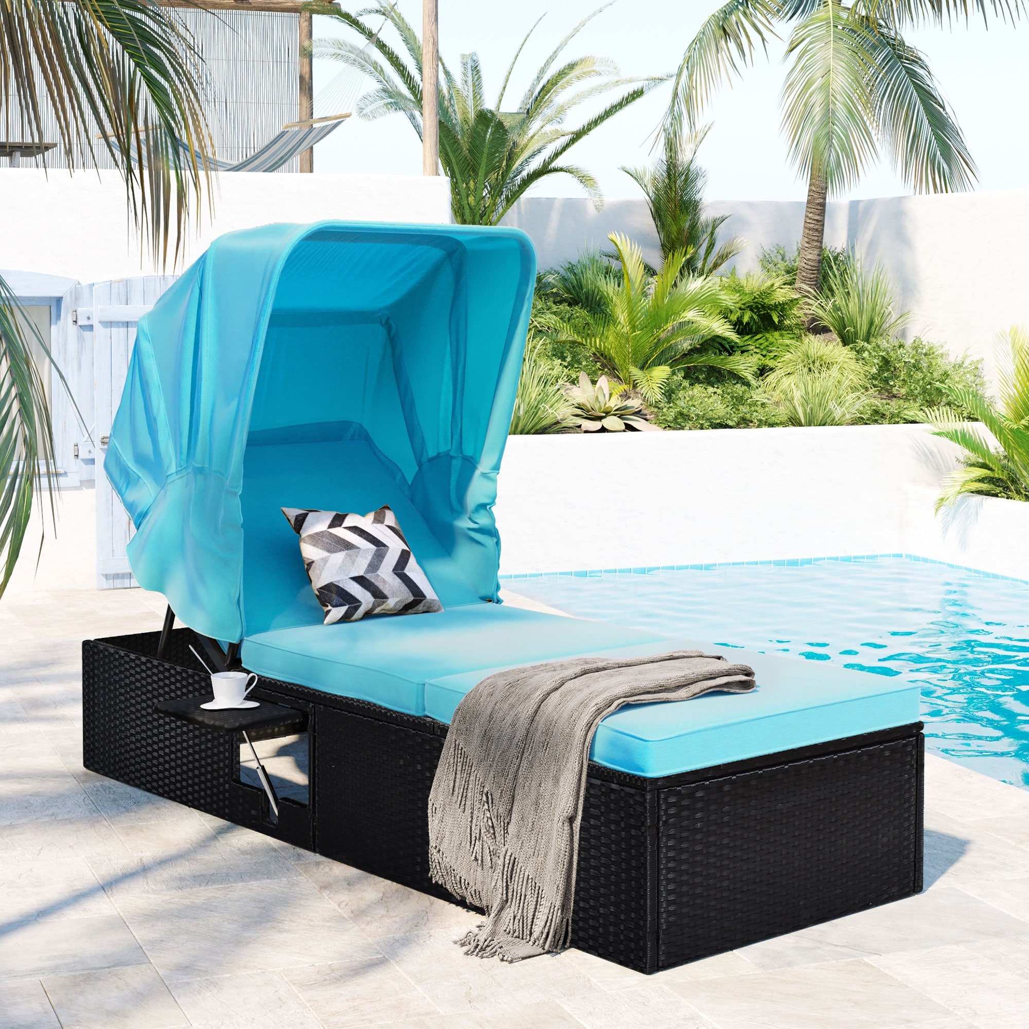 77 All Weather Adjustable Reclining Chaise Lounge Poolside Canopy Sunbed