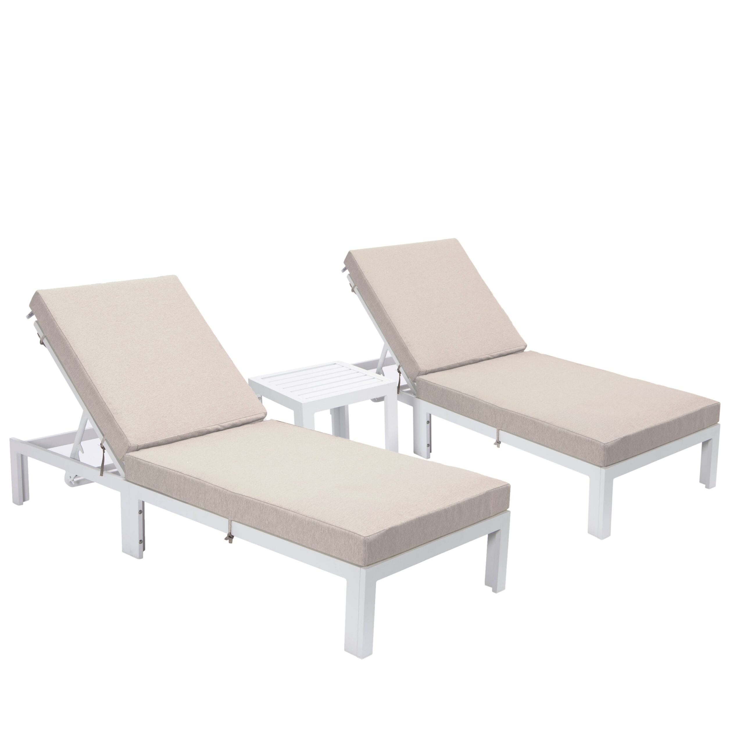 Leisuremod Chelsea White Chaise Lounge W/ Cushions and Side Table 2 Set