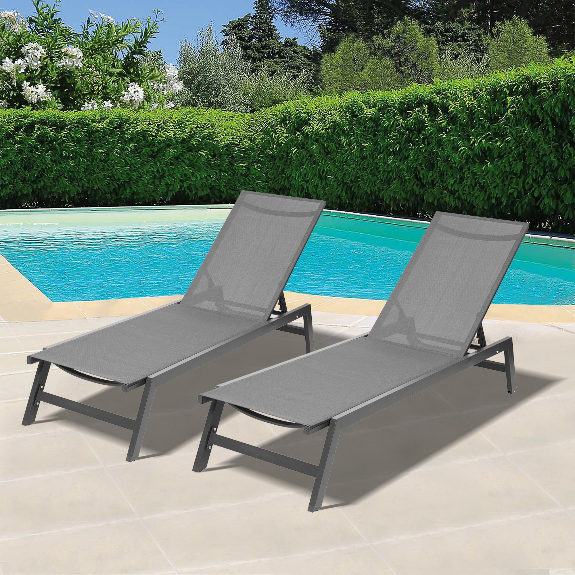 Outdoor 2-pcs Set Chaise Lounge Chairs five-position Adjustable Aluminum Recliner all Weather For Patio beach yard pool