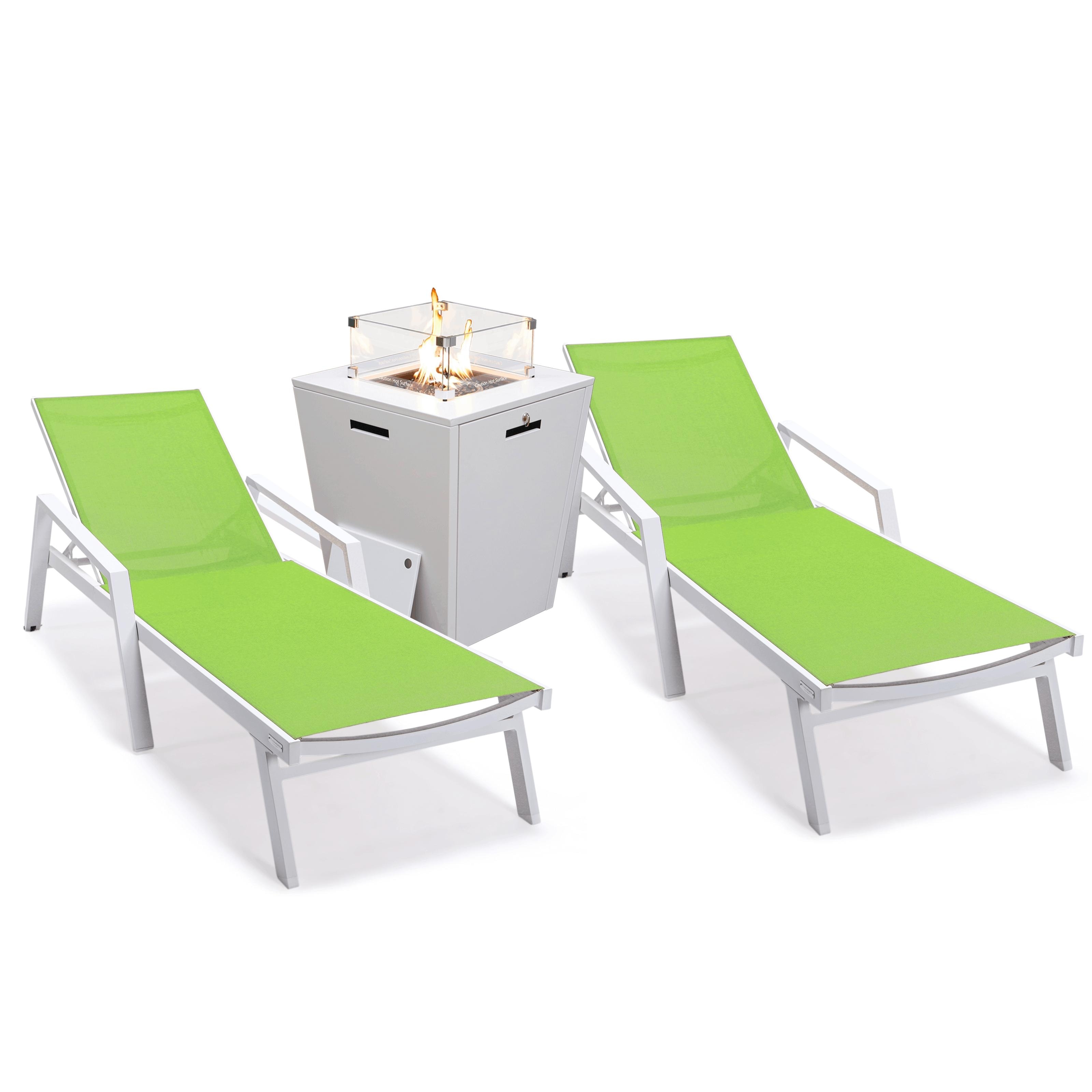 Leisuremod Marlin Chaise Lounge Chair Set Of 2 With Arms With Fire Pit Table