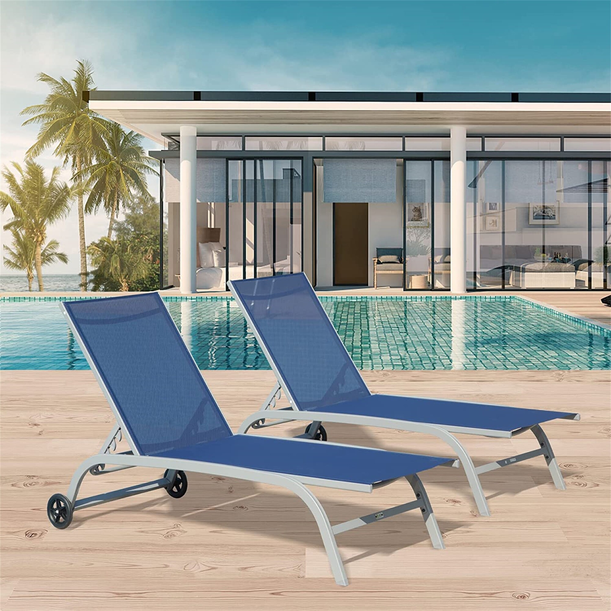 Chaise Lounge Outdoor With Wheels And 5 Adjustable Position set Of 2
