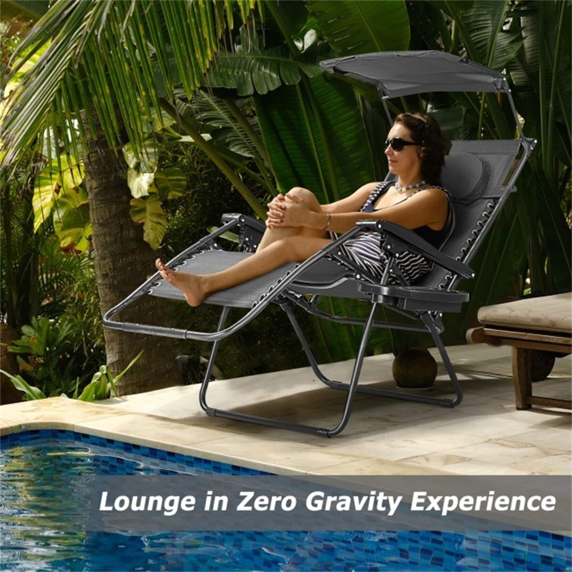Folding Recliner Lounge Chair  W/ Shade Canopy and Cup Holder For Patio