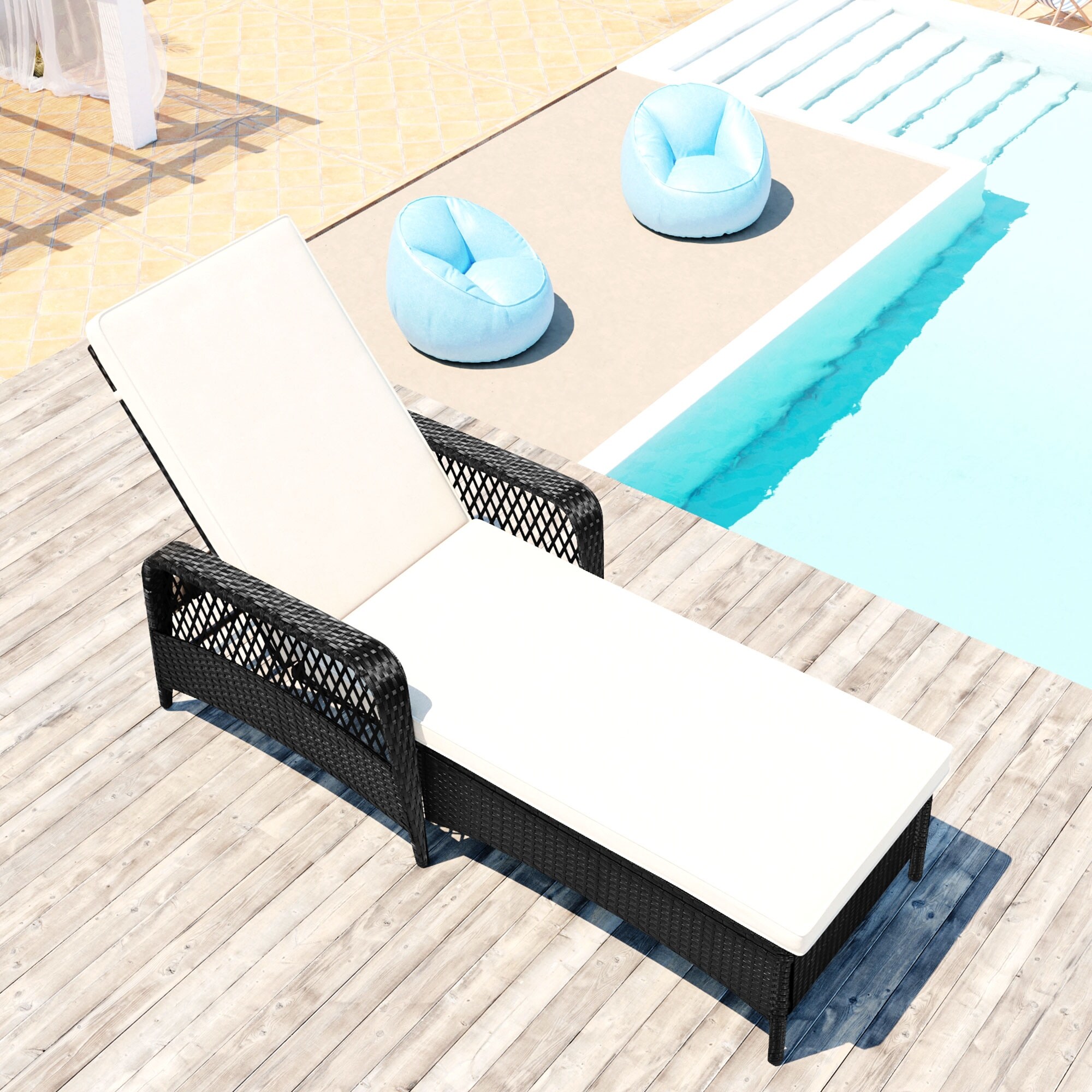 Outdoor Patio Pool Pe Rattan Wicker Chair Wicker Sun Lounger  Adjustable Backrest  Black Wicker (1 Set)