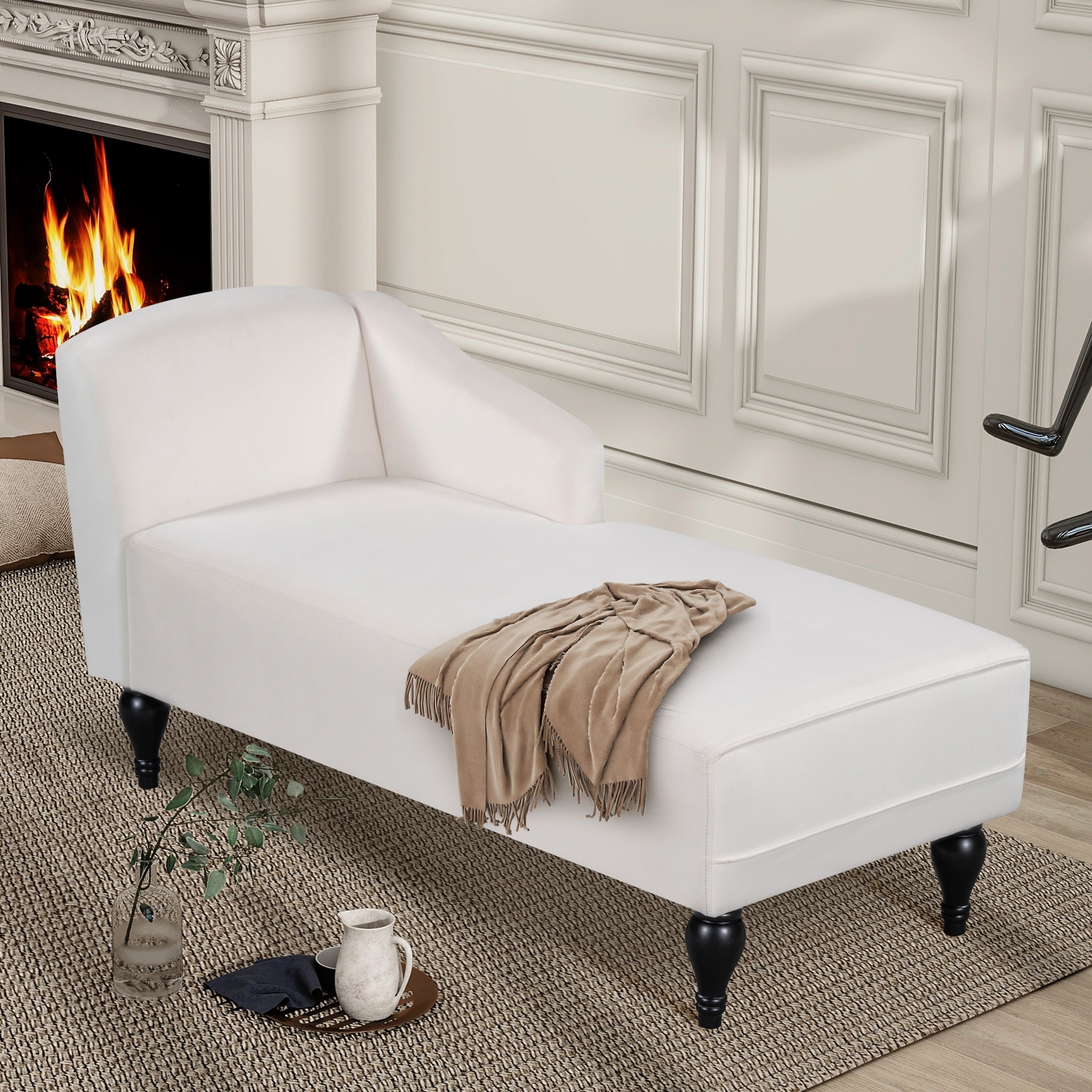 Velvet Chaise Lounge With Nailhead Trim and Solid Wood Legs