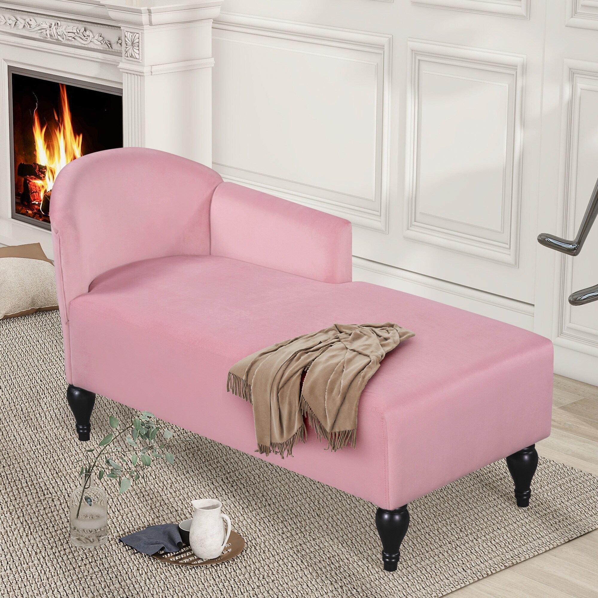 Velvet Chaise Lounge With Nailhead Trim and Solid Wood Legs