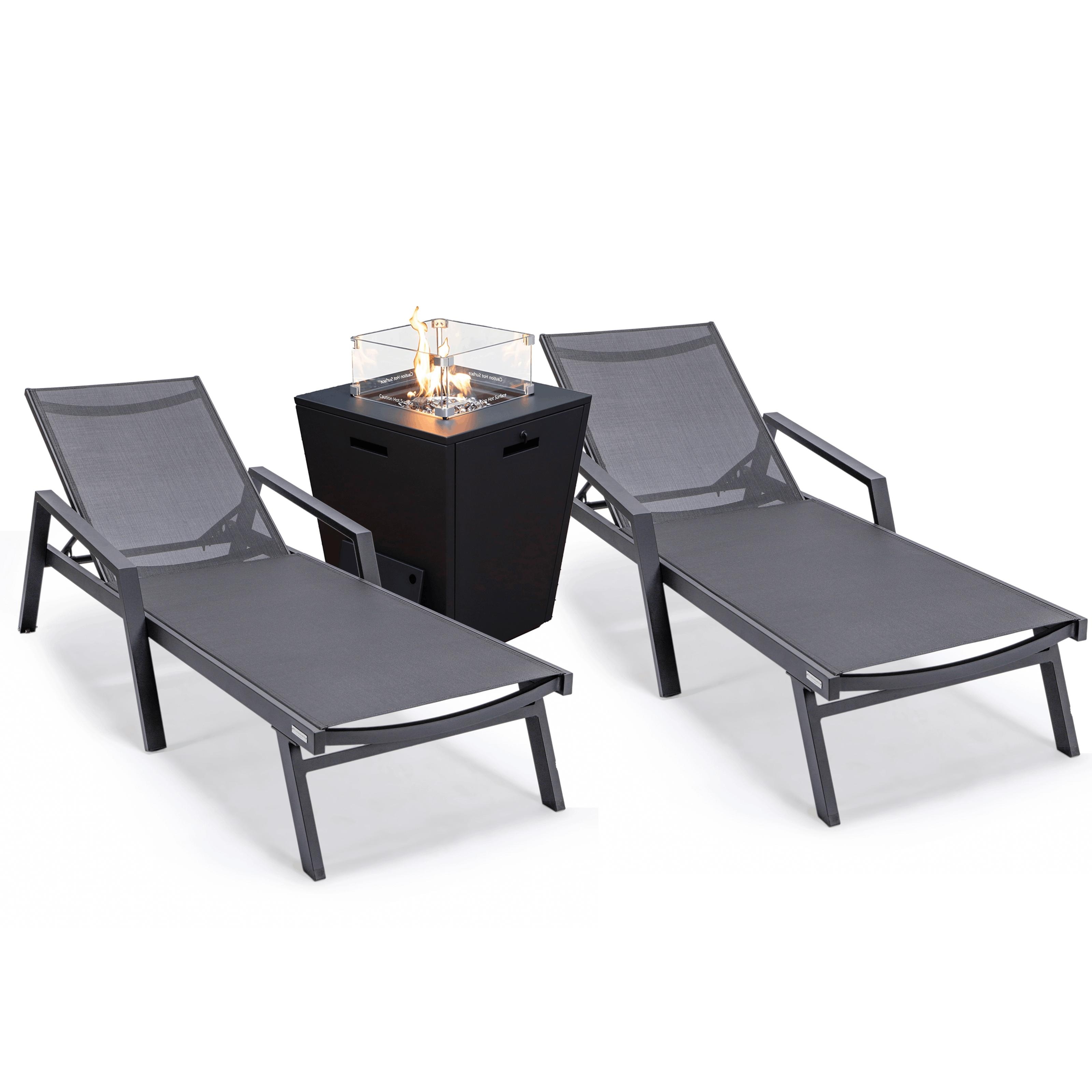 Leisuremod Marlin Chaise Lounge Chair With Arms Set Of 2 With Fire Pit Table