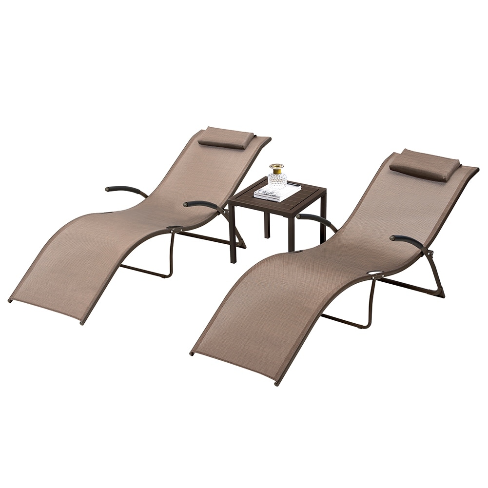 Outdoor Patio 3-piece Portable Folding Reclining Chaise Lounge Chairs And Table Set - 69.09 L X 24.61 W X 26 H