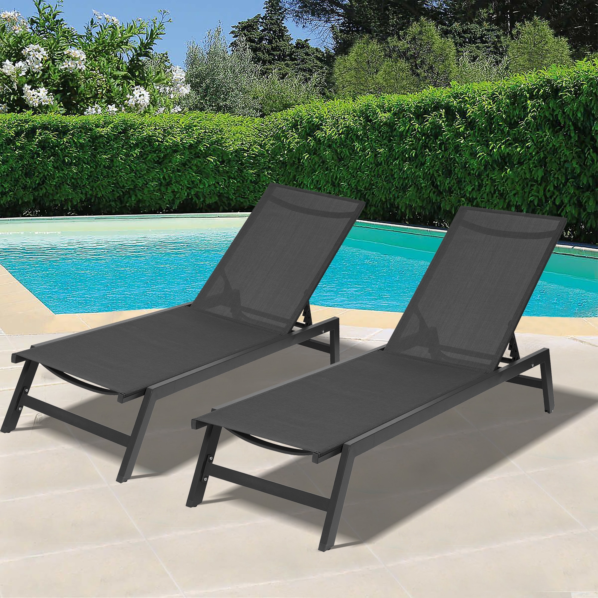 75 In. Outdoor Black Metal 2-pcs Chaise Lounge Chairs