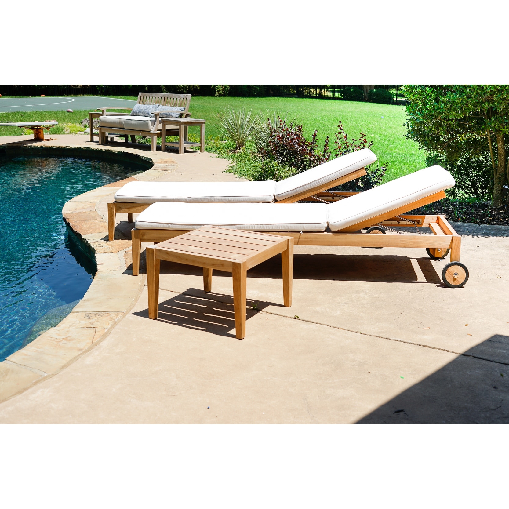 Posh Pollen Teak Outdoor Patio 3-piece Set With Sunbrella Chaise Loungers And Side Table