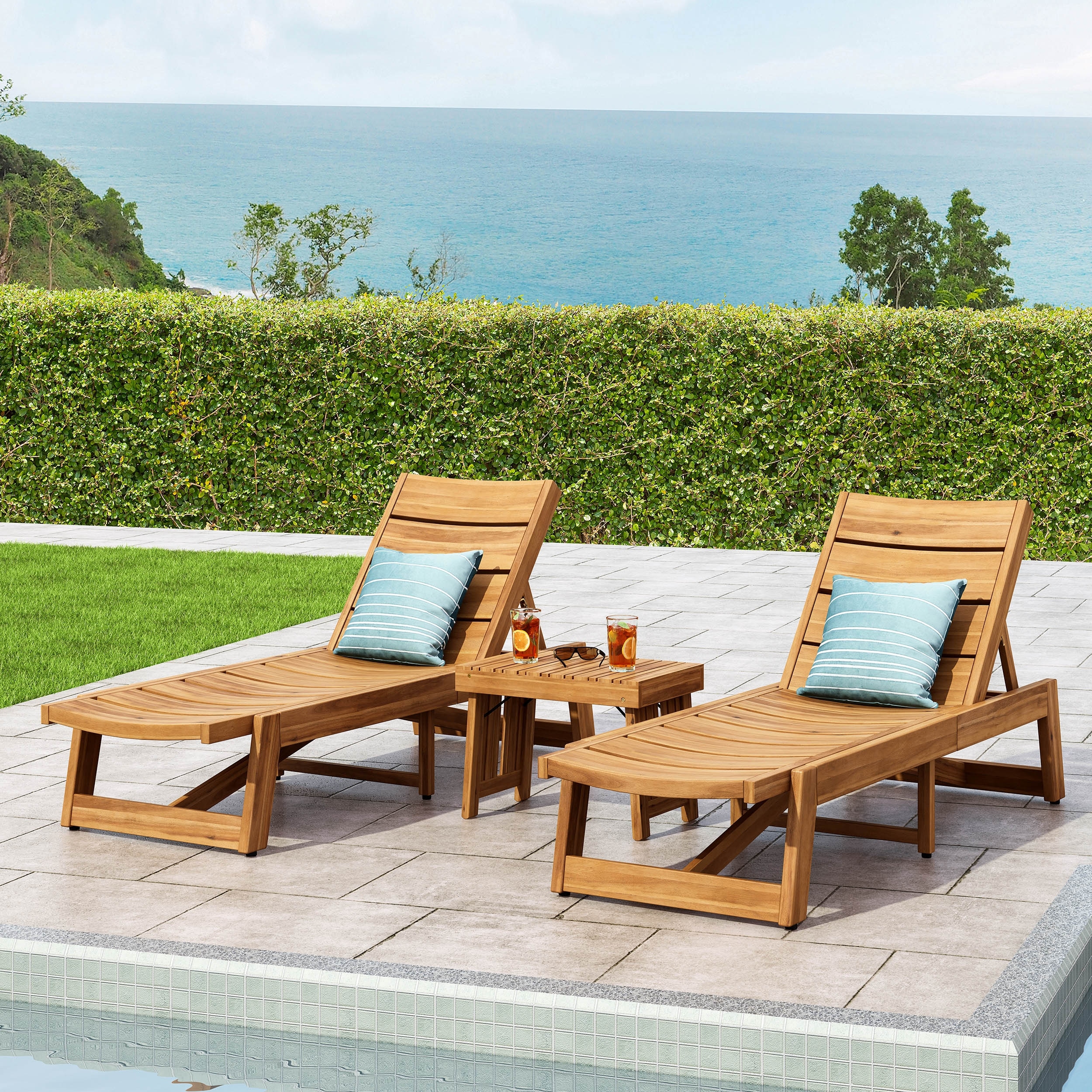 Kyoto Outdoor Acacia Wood 3 Piece Chaise Lounge Set By Christopher Knight Home