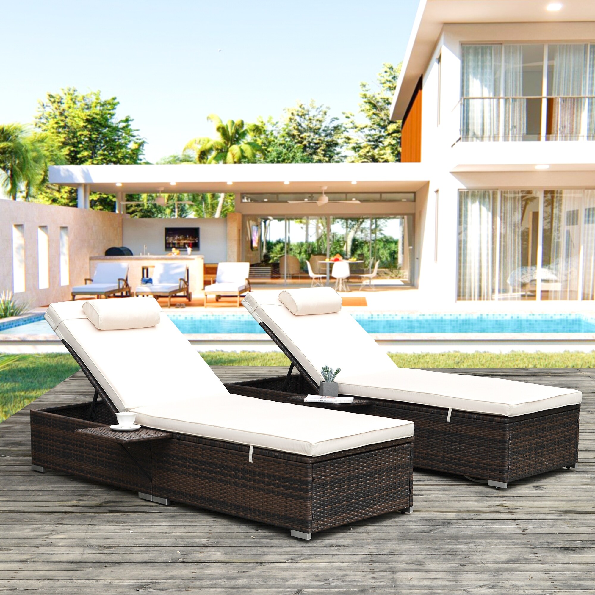 Outdoor Pe Wicker Chaise Lounge - 2 Piece Patio Brown Rattan Reclining Chair Furniture Set