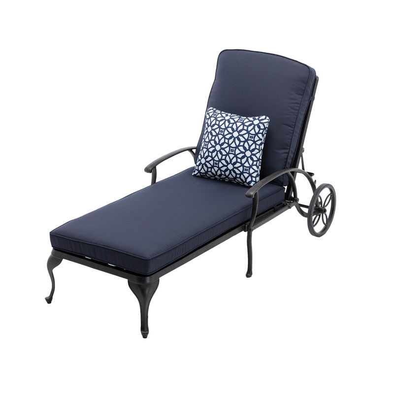 Chaise Lounge Outdoor Chair With Navy Blue Cushions  Aluminum Pool Side Sun Lounges With Wheels