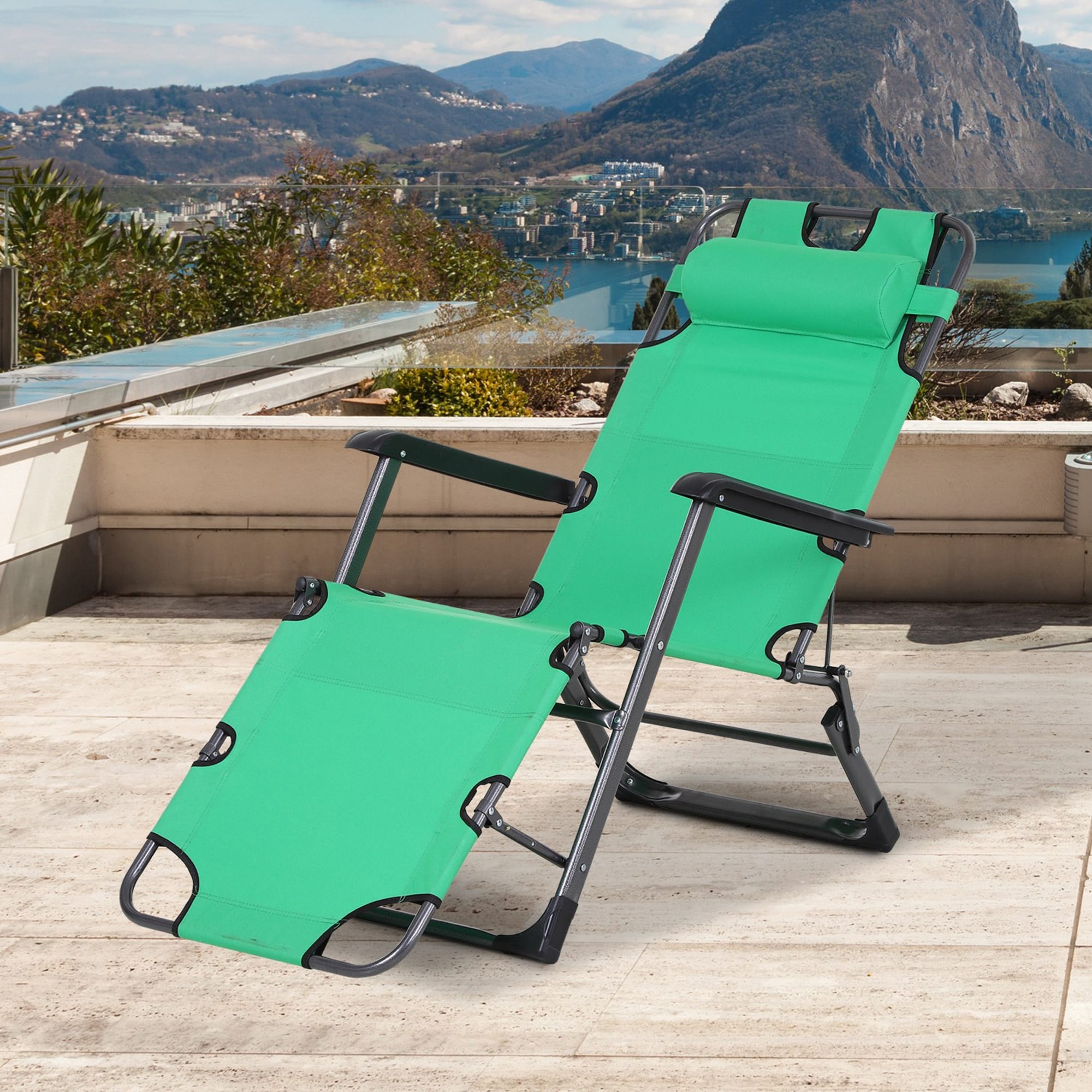 Outsunny 2-in-1 Patio Lounge Chair W/ Pillow  Outdoor Folding Sun Lounger Reclining To 120°/180°  Oxford Fabric  Green