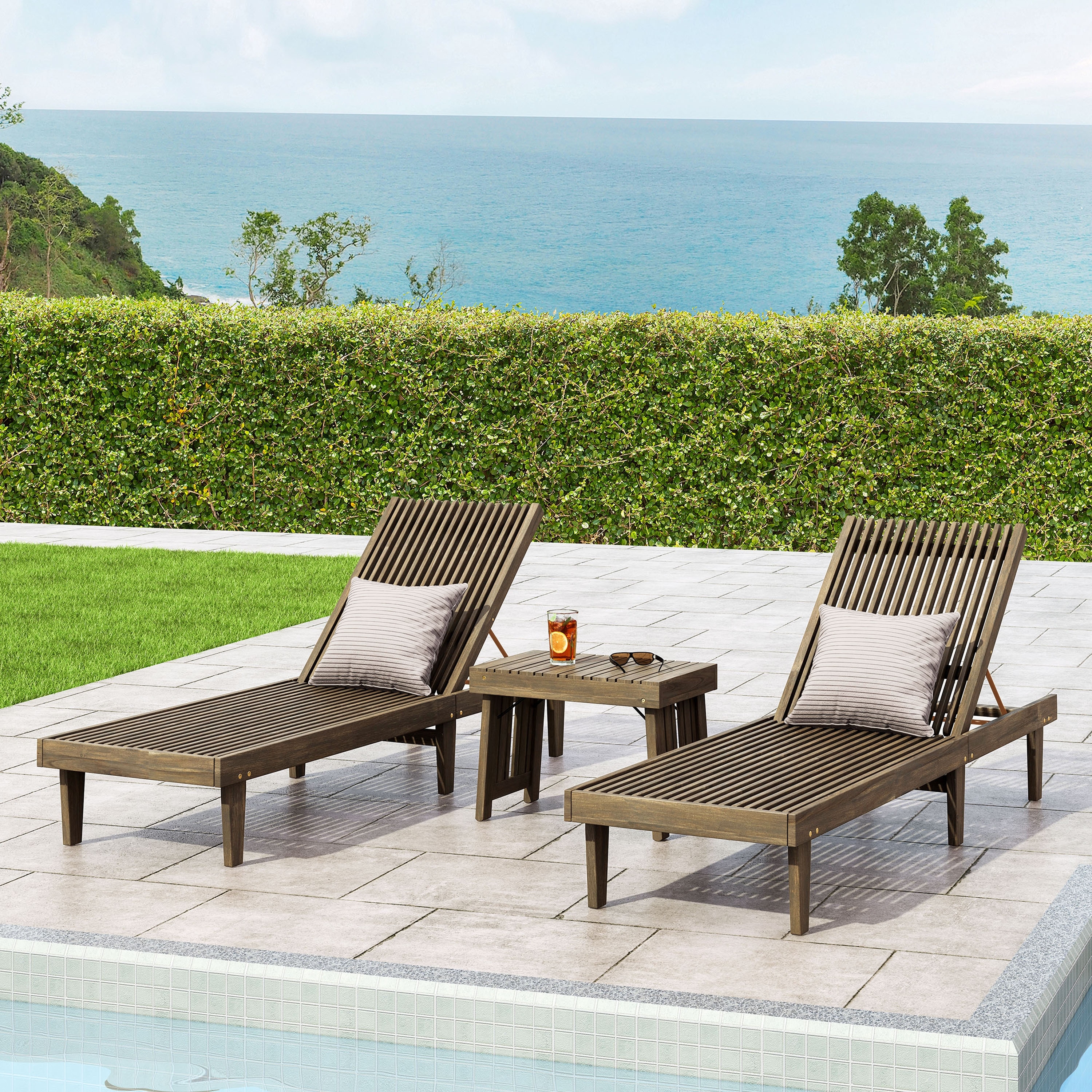 Nadine Outdoor Acacia Wood 3 Piece Chaise Lounge Set By Christopher Knight Home